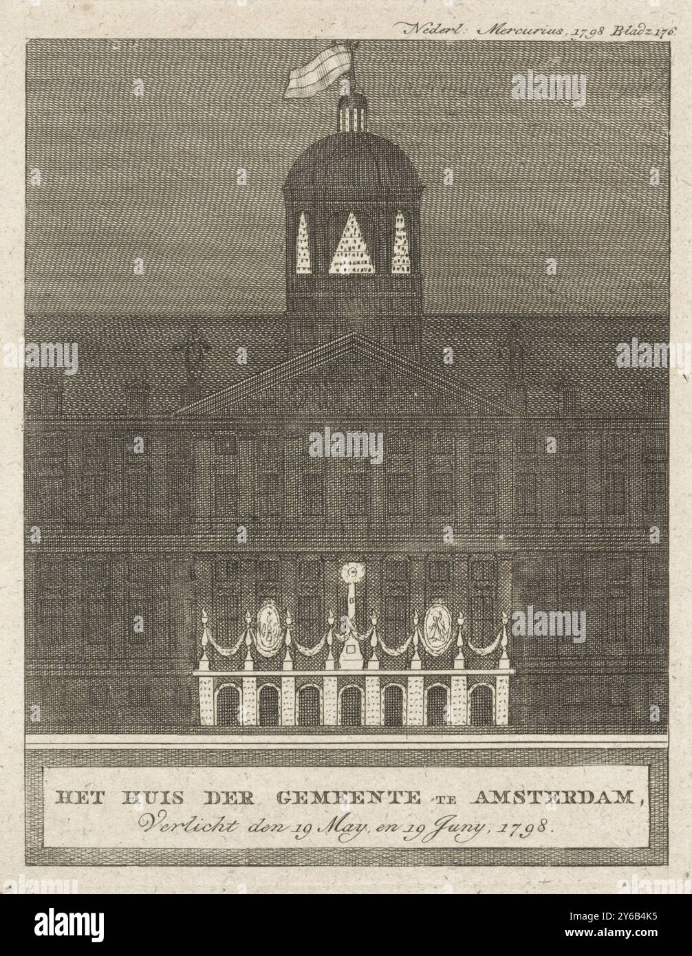 Illumination de l'Hôtel de ville sur la place du Dam, 1798, la Maison de la municipalité d'Amsterdam, illuminée les 19 mai et 19 juin 1798 (titre sur l'objet), illumination de l'Hôtel de ville d'Amsterdam sur la place du Dam, 19 mai et 19 juin 1798. Pour la célébration de l'adoption de la Constitution le 19 mai 1798., imprimeur, imprimeur : anonyme, pays-Bas, 1798 - 1799, papier, gravure, gravure, hauteur, 179 mm × largeur, 138 mm Banque D'Images