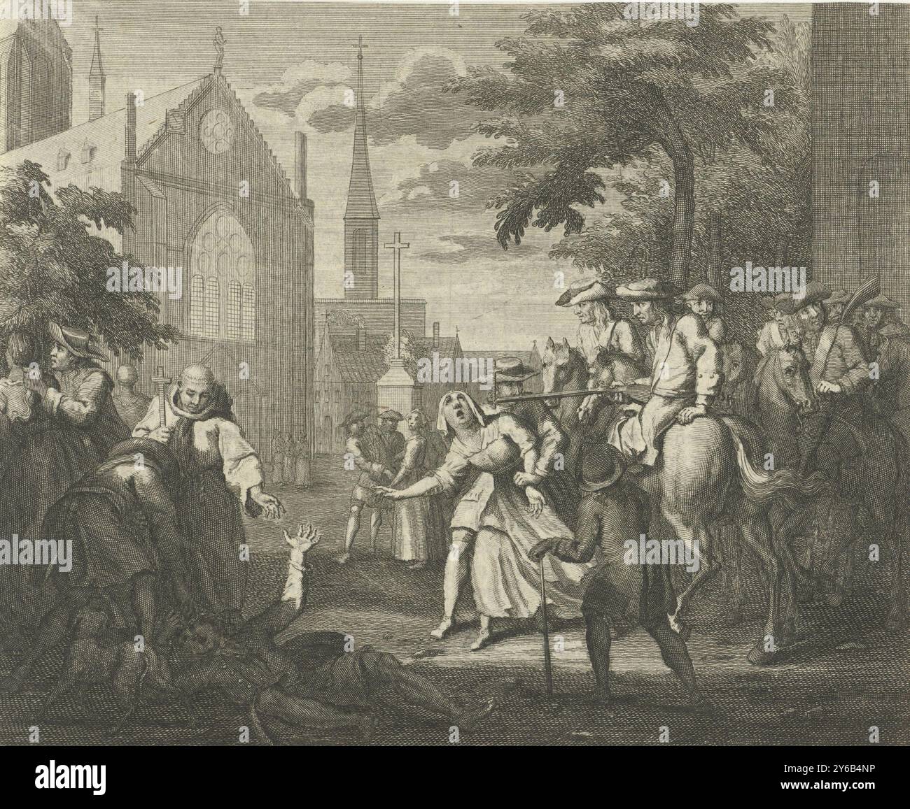 Persécution des protestants en France, 1685, les protestants sont arrêtés par des soldats devant une église et punis par des prêtres. Ces persécutions font suite à la révocation de l'édit de Nantes en 1685. Le protestantisme était donc interdit par la loi en France., imprimeur, imprimeur : Philip van Gunst, (mentionné sur l'objet), Amsterdam, 1685 - 1732, papier, gravure, gravure, hauteur, 142 mm × largeur, 174 mm Banque D'Images