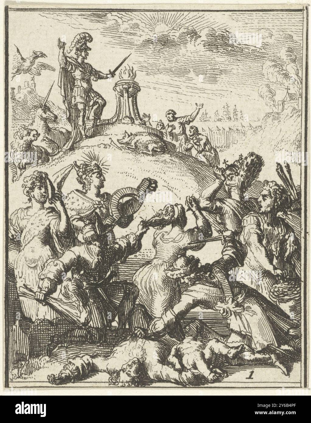 Allégorie de l'invasion des Français et de la libération par Guillaume III, allégorie de l'invasion des Français et de la libération par Guillaume III sur une colline un soldat se tient derrière une holocauste. Derrière lui, un aigle (Allemagne), un lion (pays-Bas) et une licorne (Angleterre). Au premier plan se trouvent des figures allégoriques. Un homme poursuit une femme avec une torche allumée, un autre a tué un homme et un garçon. À droite une femme avec un sac d'argent., impression, imprimeur : Romeyn de Hooghe, (attribué à), d'après son propre dessin par : Romeyn de Hooghe, (attribué à), pays-Bas, 1655 - 1708, papier, gravure, hei Banque D'Images