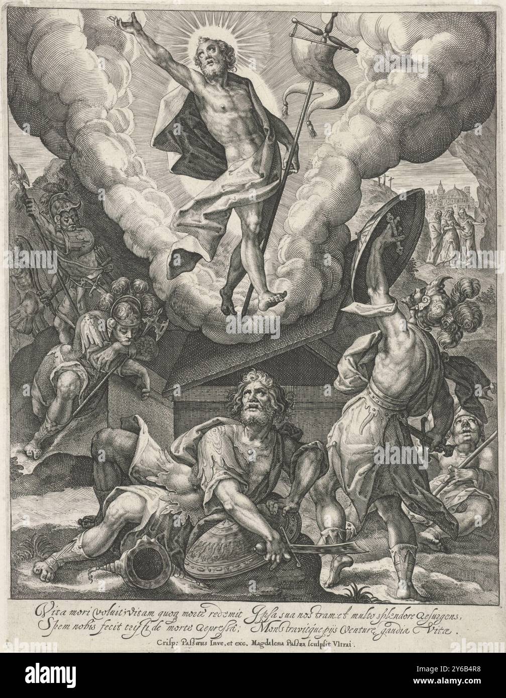 Résurrection du Christ, Christ se lève de sa tombe. Les soldats couchés autour de la tombe se réveillent et fuient. En arrière-plan à droite se trouve l'arrivée des trois saintes femmes au tombeau. Dans la marge une légende de deux lignes en latin., estampe, imprimeur : Magdalena van de passe, (mentionné sur l'objet), après conception par : Crispijn van de passe (I), (mentionné sur l'objet), éditeur : Crispijn van de passe (I), (mentionné sur l'objet), Utrecht, 1610 - 1638, papier, gravure, hauteur, 244 mm × largeur, 187 mm Banque D'Images Résurrection du Christ, Christ se lève de sa tombe. Les soldats couchés autour de la tombe se réveillent et fuient. En arrière-plan à droite se trouve l'arrivée des trois saintes femmes au tombeau. Dans la marge une légende de deux lignes en latin., estampe, imprimeur : Magdalena van de passe, (mentionné sur l'objet), après conception par : Crispijn van de passe (I), (mentionné sur l'objet), éditeur : Crispijn van de passe (I), (mentionné sur l'objet), Utrecht, 1610 - 1638, papier, gravure, hauteur, 244 mm × largeur, 187 mm Banque D'Images