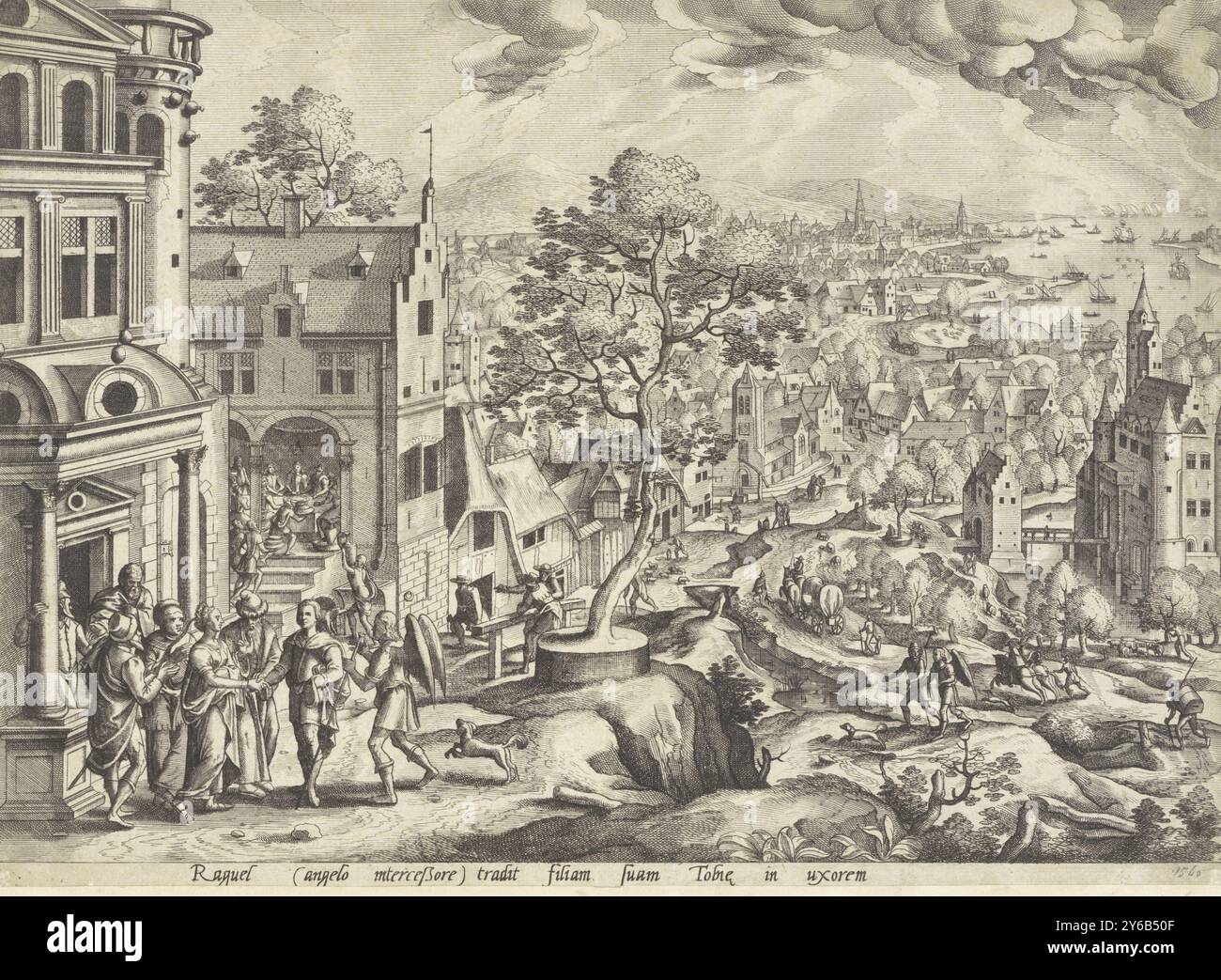 Mariage de Tobias et Sara, paysages avec scènes de l'histoire de Tobias (titre de la série), à gauche, Raguel donne sa fille Sara en mariage à Tobias. À côté de Tobias se trouve l'archange Raphaël. Derrière eux, des invités sont assis à une table. Sur la droite un paysage urbain avec une route très fréquentée sur laquelle Raphaël, Tobias et son chien marchent. Au bas de la marge, un texte explicatif d'une ligne en latin., imprimé, imprimeur : anonyme, après conception par : Hans bol, éditeur : Gerard de Jode, imprimeur : Low Countries, après conception par : Low Countries, éditeur : Anvers, 1547 - 1591, papier, gravure, hei Banque D'Images Mariage de Tobias et Sara, paysages avec scènes de l'histoire de Tobias (titre de la série), à gauche, Raguel donne sa fille Sara en mariage à Tobias. À côté de Tobias se trouve l'archange Raphaël. Derrière eux, des invités sont assis à une table. Sur la droite un paysage urbain avec une route très fréquentée sur laquelle Raphaël, Tobias et son chien marchent. Au bas de la marge, un texte explicatif d'une ligne en latin., imprimé, imprimeur : anonyme, après conception par : Hans bol, éditeur : Gerard de Jode, imprimeur : Low Countries, après conception par : Low Countries, éditeur : Anvers, 1547 - 1591, papier, gravure, hei Banque D'Images
