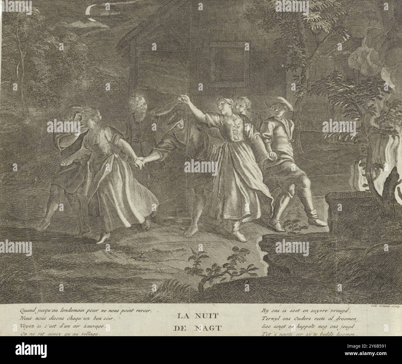 Nuit : danse ronde de jeunes hommes et femmes, la nuit, de nagt (titre sur objet), scène nocturne avec de jeunes hommes et femmes dansant en plein air près d'un feu. Peut-être partie d'une série avec les heures du jour, sauf pour la nuit, seul le matin est connu., imprimerie, imprimeur : Gilbert Schoute, (mentionné sur l'objet), pays-Bas, vers 1706 - 1722, papier, gravure, hauteur, 253 mm × largeur, 300 mm Banque D'Images