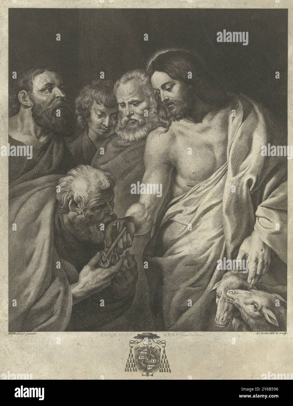 Christ donne à Pierre les clés, Christ lui remet les clés des portes du ciel. Pierre embrasse la main de Christ en remerciements et saisit les clés. À côté de Christ se trouvent deux agneaux qu'il caresse d'une main. Un stigmate peut être vu sur le dos de la main. Ci-dessous l'estampe d'un cardinal., estampe, imprimeur : Antoine Alexandre Joseph Cardon, (mentionné sur l'objet), après dessin par : Antoine Alexandre Joseph Cardon, (mentionné sur l'objet), après peinture par : Peter Paul Rubens, (mentionné sur l'objet), Bruxelles, (éventuellement), c. 1759 - c. 1782, papier, gravure, hauteur, 355 mm × largeur, 284 mm Banque D'Images