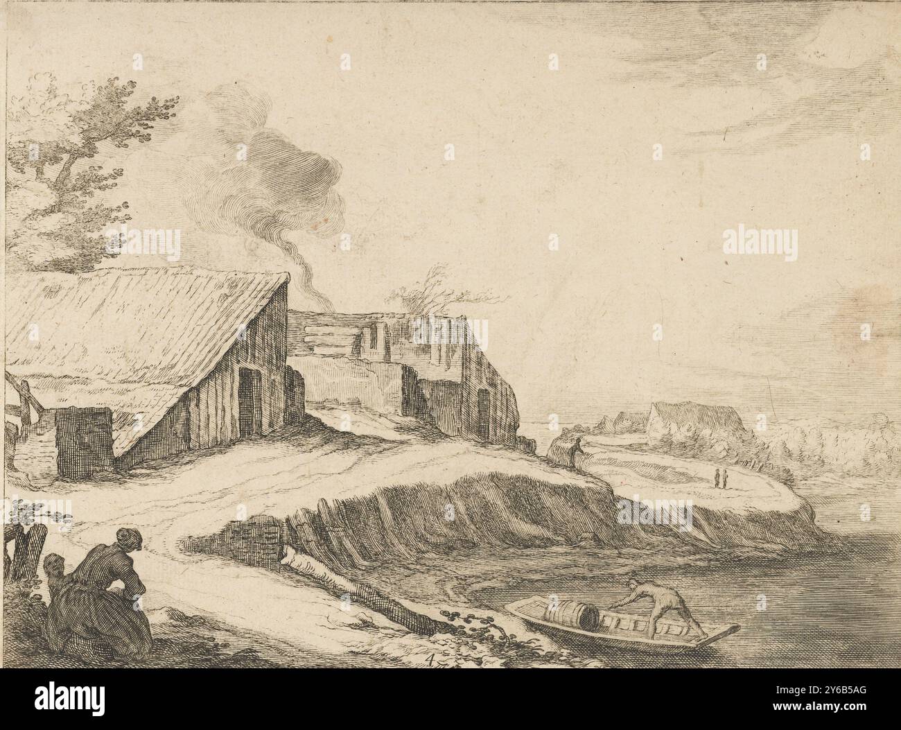 Un four à chaux près d'une rivière, Eleven Landscapes (titre de la série), sur la gauche vous pouvez voir un grand four à chaux en feu. Les gens marchent ou se reposent sur le quai. Un pêcheur amarre son bateau. Cette estampe fait partie d'un groupe libre de onze estampes, dont seulement les numéros 1-6 (plus tard?) Sont numérotés., estampe, imprimeur : Frederick Bloemaert, après conception par : Abraham Bloemaert, (attribué à), Utrecht, après 1647, papier, gravure, hauteur, 162 mm × largeur, 217 mm Banque D'Images