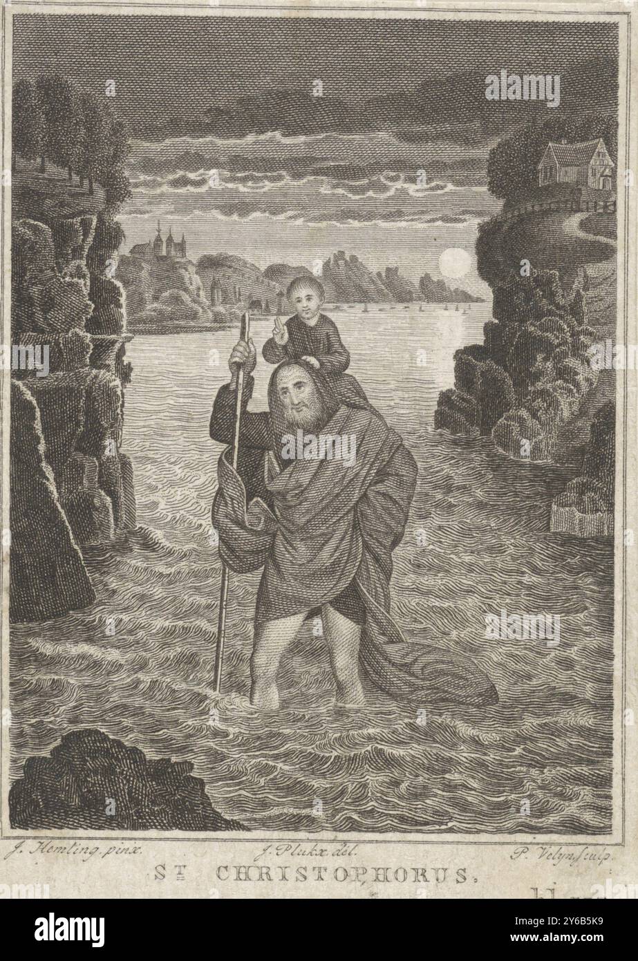 Christopher (titre sur objet), Saint Christophe avec le Christ enfant sur ses épaules. En bas à droite : pg 177., impression, imprimeur : Philippus Velijn, (mentionné sur l'objet), après peinture par : Hans Memling, (mentionné sur l'objet), après dessin par : Joannes Antonius Augustinus Pluckx, (mentionné sur l'objet), Amsterdam, 1821 - 1836, papier, gravure, hauteur, 90 mm × largeur, 65 mm Banque D'Images