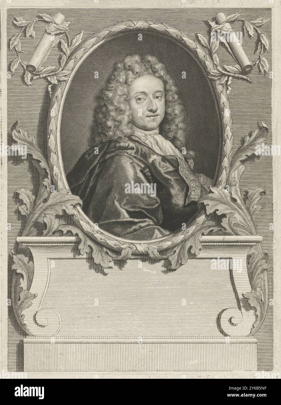 Portrait de Joan de Haes, Joan de Haes, poète de Rotterdam., estampe, imprimeur : Pieter van Gunst, (mentionné sur l'objet), après dessin par : Simon Henri Thomassin, Amsterdam, 1723 - 1731, papier, gravure, largeur, 135 mm × hauteur, 185 mm Banque D'Images