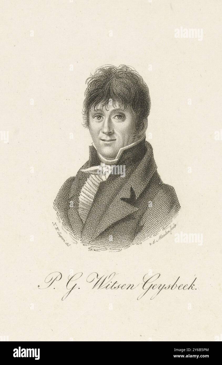 Portrait de Pieter Gerardus Witsen Geysbeek, Portrait de Pieter Gerardus Witsen Geysbeek, écrivain., estampe, imprimeur : Pieter van der Meulen, (mentionné sur l'objet), après dessin de : Hendrik Willem Caspari, (mentionné sur l'objet), Amsterdam, 1790 - 1853, papier, hauteur, 243 mm × largeur, 152 mm Banque D'Images