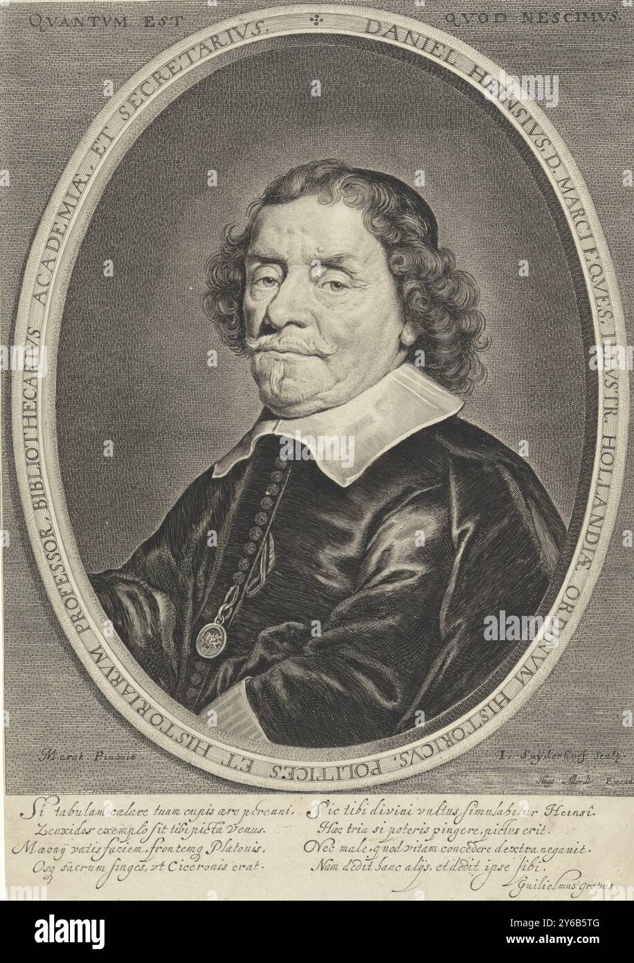 Portrait de Daniel Heinsius, Portrait de Daniel Heinsius, professeur de politique et d'histoire, bibliothécaire universitaire et secrétaire à l'Université de Leyde. En bas dans la marge sont deux versets de quatre lignes en latin., estampe, imprimeur : Jonas Suyderhoef, (mentionné sur l'objet), après peinture par : Jacob Fransz van der Merck, (mentionné sur l'objet), Willem de Groot (1597-1662), (mentionné sur l'objet), imprimeur : Haarlem, éditeur : Amsterdam, 1647 - 1684, papier, gravure, hauteur, 319 mm × largeur, 226 mm Banque D'Images