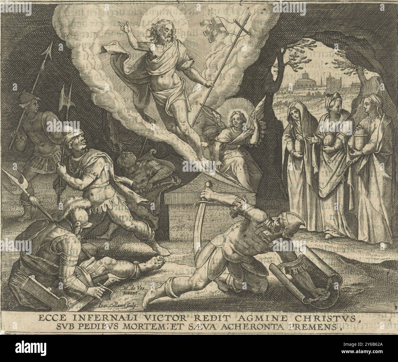 Résurrection du Christ, Christ se lève de sa tombe. Les soldats couchés autour de la tombe se réveillent et fuient. A droite, l'arrivée des trois saintes femmes au tombeau. L'estampe a une légende latine., estampe, imprimeur : Jan Collaert (II), (mentionné sur l'objet), après conception par : Maerten de vos, (mentionné sur l'objet), éditeur : Hieronymus Verdussen, (attribué à), Anvers, 1597, papier, gravure, hauteur, 126 mm × largeur, 150 mm Banque D'Images Résurrection du Christ, Christ se lève de sa tombe. Les soldats couchés autour de la tombe se réveillent et fuient. A droite, l'arrivée des trois saintes femmes au tombeau. L'estampe a une légende latine., estampe, imprimeur : Jan Collaert (II), (mentionné sur l'objet), après conception par : Maerten de vos, (mentionné sur l'objet), éditeur : Hieronymus Verdussen, (attribué à), Anvers, 1597, papier, gravure, hauteur, 126 mm × largeur, 150 mm Banque D'Images
