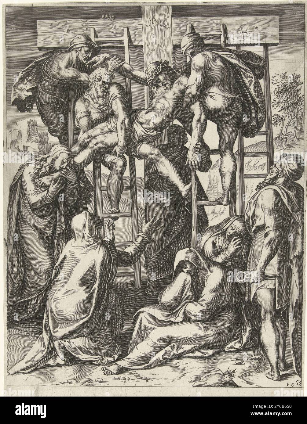 Descendant de la croix, Christ est pris de la croix par Nicodème et Joseph d'Arimathée. Il y a quatre échelles contre la croix. Marie-Madeleine saisit les pieds du Christ. Les femmes s'assoient sur le sol, pleurant., impression, imprimeur : Cornelis Cort, après conception par : Girolamo Muziano, Rome, 1568, papier, gravure, hauteur, 284 mm × largeur, 212 mm Banque D'Images