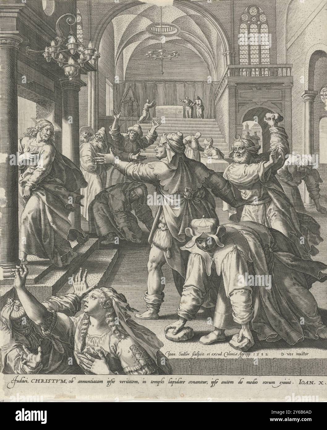 Lapidation du Christ, scènes du Nouveau Testament (titre de la série), le Christ quitte le temple de Jérusalem parce que les Juifs veulent le lapider. Au premier plan, des pierres sont ramassées par certains hommes. L'estampe a une légende latine avec un texte biblique (Jean 10) et est la dernière estampe d'une série de quatre., estampe, imprimeur : Johann Sadeler (I), (mentionné sur l'objet), après conception par : Maerten de vos, (mentionné sur l'objet), éditeur : Johann Sadeler (I), (mentionné sur l'objet), Cologne, 1582, papier, gravure, hauteur, 245 mm × largeur, 203 mm Banque D'Images