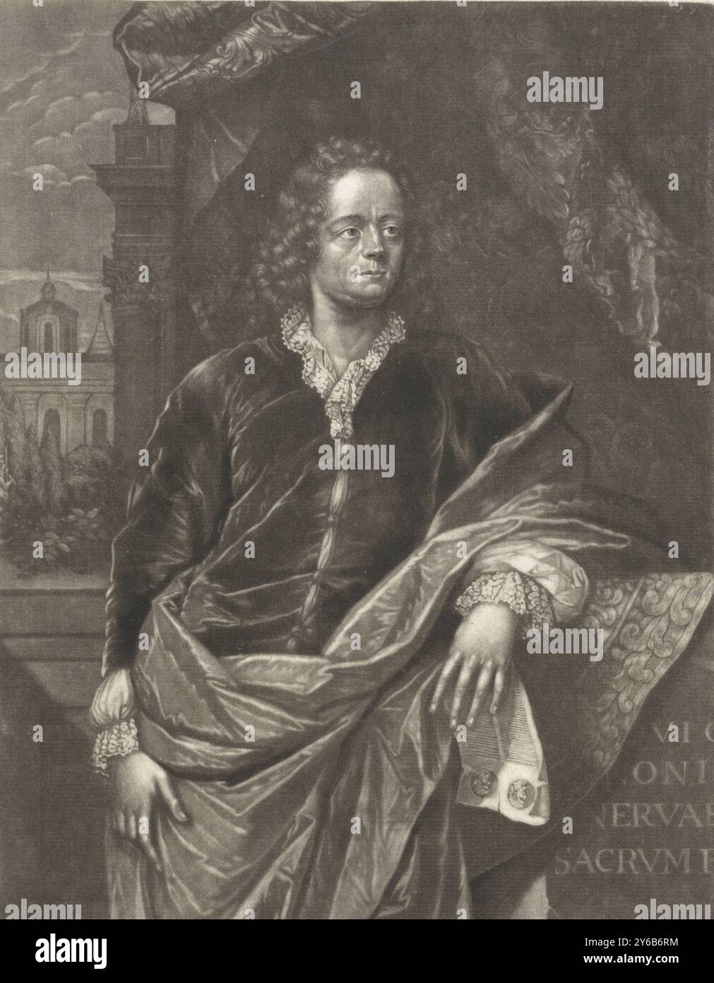 Portrait de Ludolph Smids, le poète, antiquaire et médecin Ludolph Smids avec une lettre à la main sur laquelle deux médaillons contenant des bustes classiques. Derrière lui une draperie et un bâtiment., imprimerie, imprimeur : Pieter Schenk (I), (mentionné sur l'objet), éditeur : Pieter Schenk (I), (mentionné sur l'objet), Stadsbestuur Amsterdam, (mentionné sur l'objet), Amsterdam, 1670 - 1713, papier, gravure, hauteur, 248 mm × largeur, 183 mm Banque D'Images