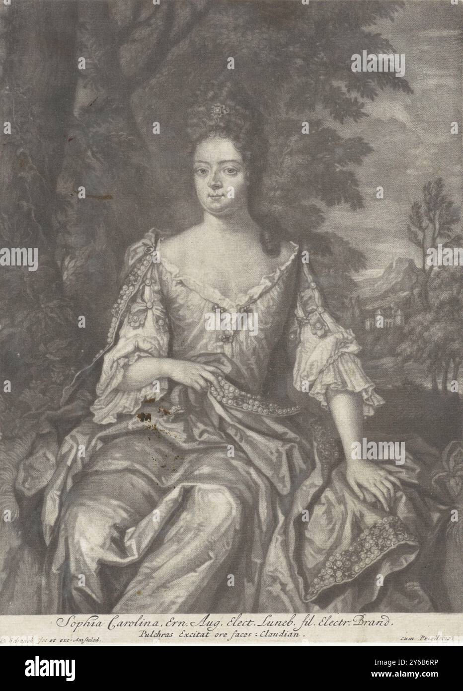 Portrait de Sophie Charlotte, reine de Prusse, Sophie Charlotte de Hanovre, reine de Prusse. Elle est assise dans un paysage sous un arbre. Son nom et ses titres dans la marge., estampe, imprimeur : Pieter Schenk (I), (mentionné sur l'objet), éditeur : Pieter Schenk (I), (mentionné sur l'objet), anonyme, (mentionné sur l'objet), Amsterdam, 1698 - 1713, papier, gravure, hauteur, 243 mm × largeur, 178 mm Banque D'Images