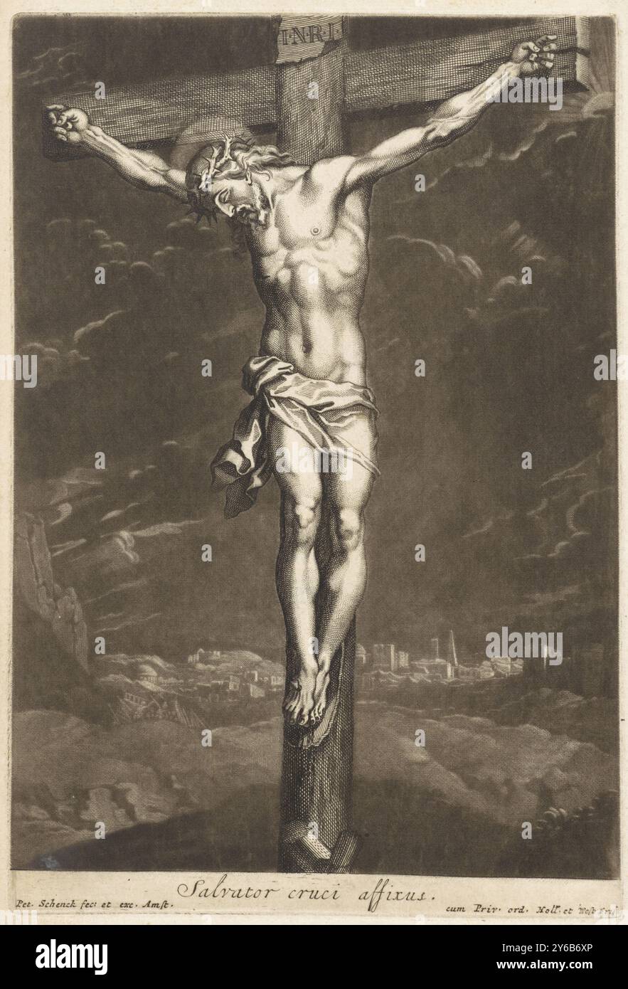 Christ sur la croix, Salvator cruci affixus (titre sur objet), Christ sur la croix, contre un paysage avec les bâtiments de Jérusalem au loin. Des nuages sombres remplissent le ciel., imprimerie, imprimeur : Pieter Schenk (I), (mentionné sur l'objet), éditeur : Pieter Schenk (I), (mentionné sur l'objet), Staten van Holland, Amsterdam, 1670 - 1713, papier, gravure, hauteur, 256 mm × largeur, 172 mm Banque D'Images