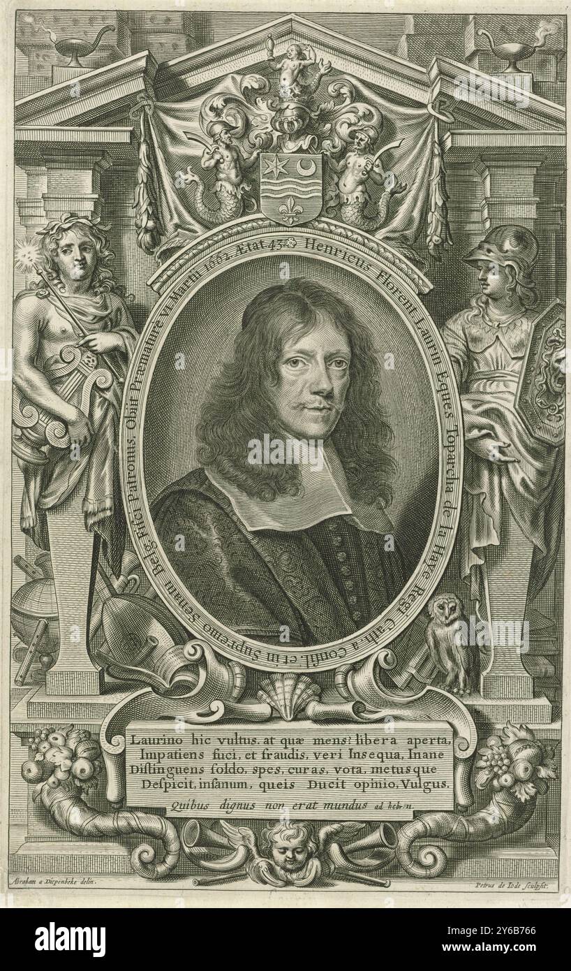 Portrait de Henricus Florent Laurin, portrait de buste de Henricus Florent Laurin à l'âge de 43 ans, avec calotte crânienne. Le portrait est placé dans un cadre ovale avec un lettrage de bord en latin, couronné des armoiries du gardien. Le cadre est flanqué de statues d'Apollon et Minerve. Dans le cartouche une légende de quatre lignes et une devise en latin., estampe, imprimeur : Pieter de Jode (II), (mentionné sur l'objet), après dessin par : Abraham van Diepenbeeck, (mentionné sur l'objet), Anvers, 1628 - 1670, papier, gravure, gravure, hauteur, 299 mm × largeur, 189 mm Banque D'Images Portrait de Henricus Florent Laurin, portrait de buste de Henricus Florent Laurin à l'âge de 43 ans, avec calotte crânienne. Le portrait est placé dans un cadre ovale avec un lettrage de bord en latin, couronné des armoiries du gardien. Le cadre est flanqué de statues d'Apollon et Minerve. Dans le cartouche une légende de quatre lignes et une devise en latin., estampe, imprimeur : Pieter de Jode (II), (mentionné sur l'objet), après dessin par : Abraham van Diepenbeeck, (mentionné sur l'objet), Anvers, 1628 - 1670, papier, gravure, gravure, hauteur, 299 mm × largeur, 189 mm Banque D'Images