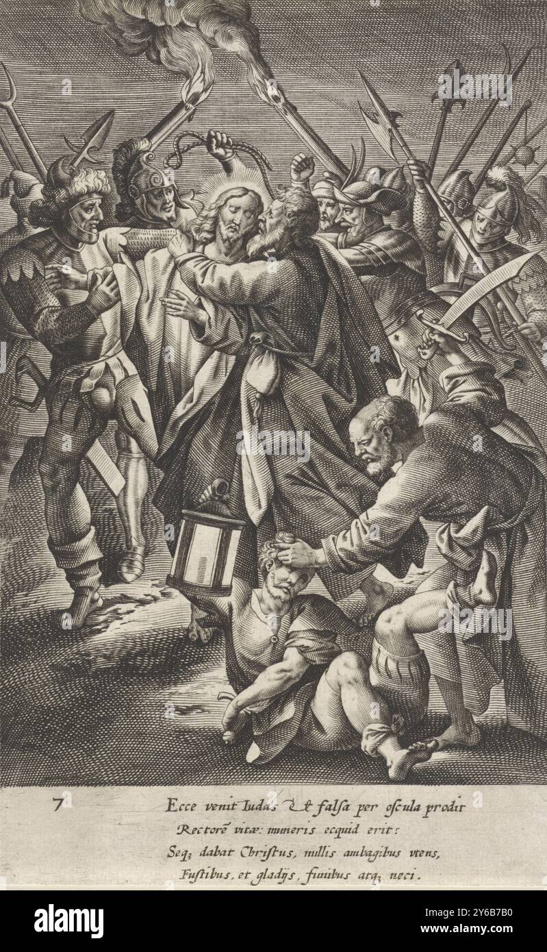 Judas Kiss et Arrest of Christ, Life and passion of Christ (titre de la série), Dominicæ Passionis Mysteria Typicis Advmbrationibvs Adamussim Effigiata (titre de la série), Judas embrasse le Christ sur la joue. Les soldats l'entourent et l'arrêtent. Peter est sur le point de couper l'oreille de Malchus., imprimeur, imprimeur : Antonie Wierix (II), après conception par : Maerten de vos, éditeur : Gerard de Jode, Anvers, 1583 - 1587, papier, gravure, hauteur, 204 mm × largeur, 128 mm Banque D'Images