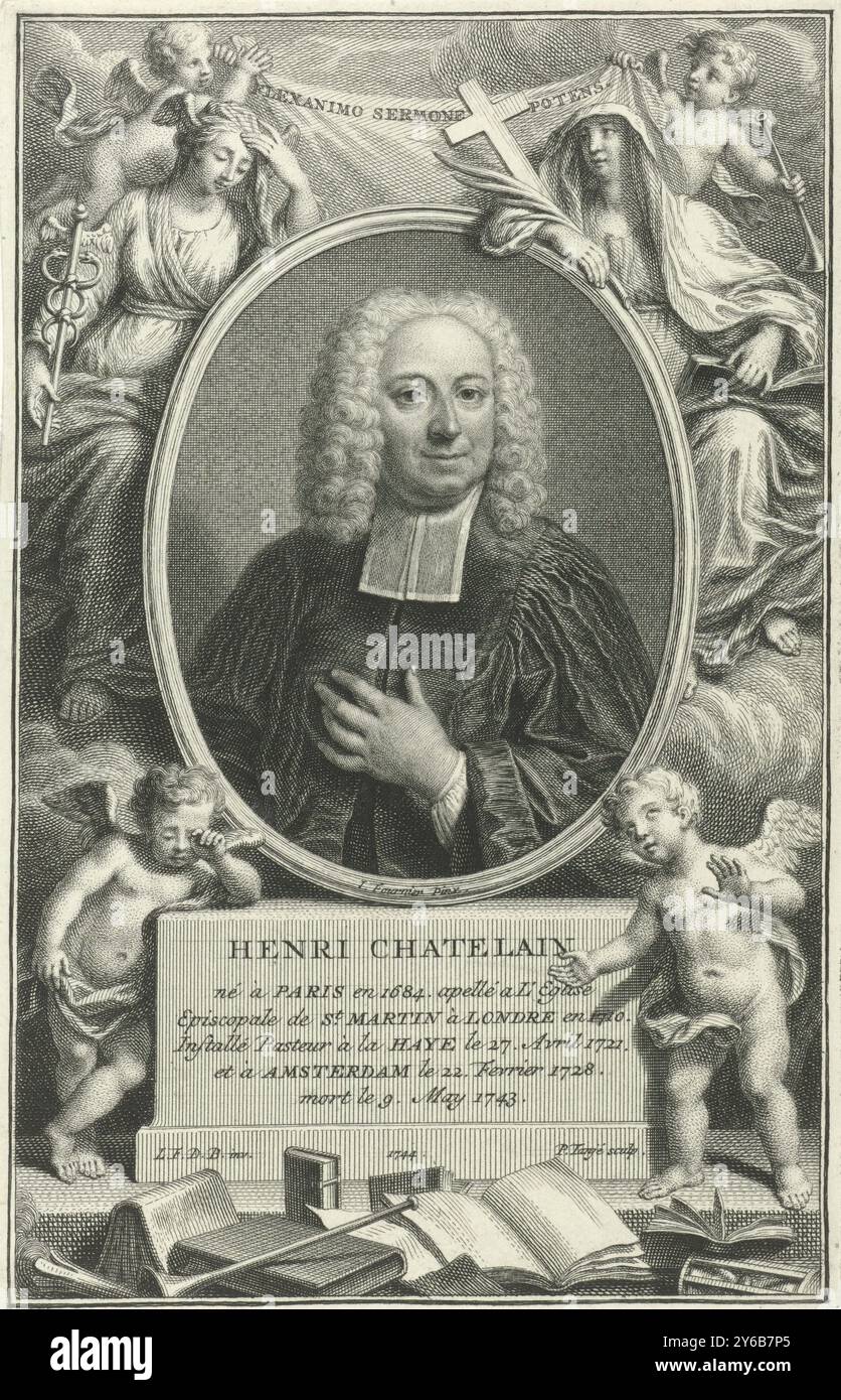 Portrait d'Henri Châtelain, Portrait d'Henri Châtelain, pasteur de l'église wallonne de la Haye et d'Amsterdam. Le portrait est entouré de figures allégoriques. Au-dessus, la paix, avec caducée et pétase, et la foi, avec croix, flanquent le cadre. Sur le piédestal un putto en deuil et un putto pointant vers des livres, une torche éteinte et un sablier., estampe, imprimeur : Pieter Tanjé, (mentionné sur l'objet), après dessin de : Louis Fabritius Dubourg, (mentionné sur l'objet), Amsterdam, 1744, papier, gravure, gravure, hauteur, 174 mm × largeur, 112 mm Banque D'Images