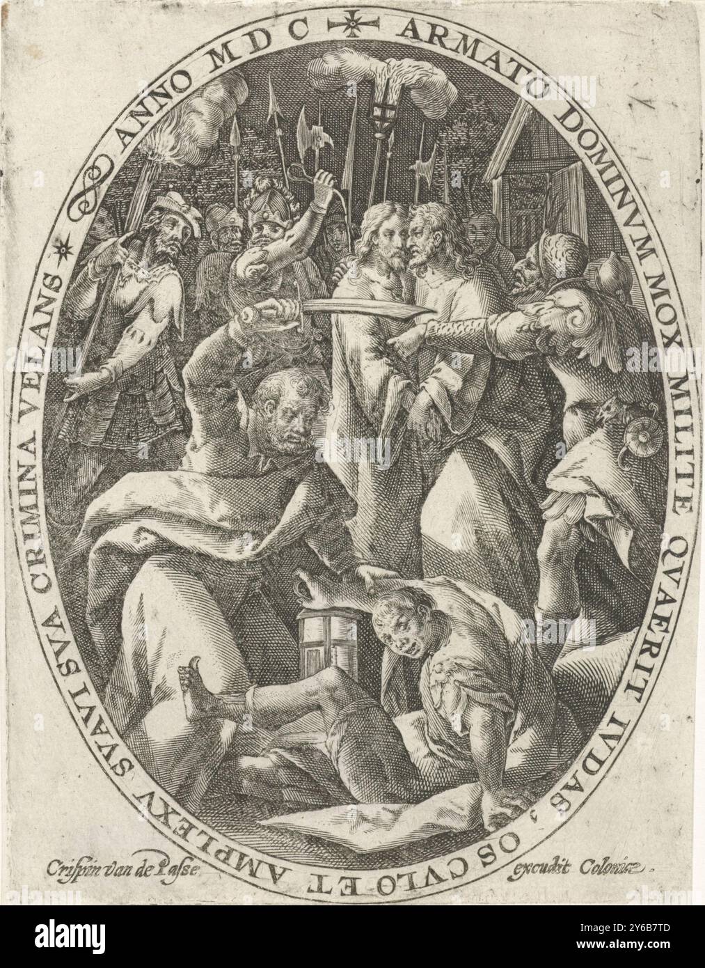 Le baiser de Judas et l'arrestation du Christ, la passion du Christ (titre de la série), Passio Domini nostri Jesu Christi (titre de la série), Judas embrasse le Christ sur la joue. Les soldats l'entourent et l'arrêtent. Peter est sur le point de couper l'oreille d'un des soldats. La scène est placée dans un cadre ovale avec une inscription de bordure en latin. Tirage d'une série avec la passion du Christ., imprimeur, imprimeur : Crispijn van de passe (I), éditeur : Crispijn van de passe (I), (mentionné sur l'objet), Cologne, 1600, papier, gravure, hauteur, 139 mm × largeur, 107 mm Banque D'Images