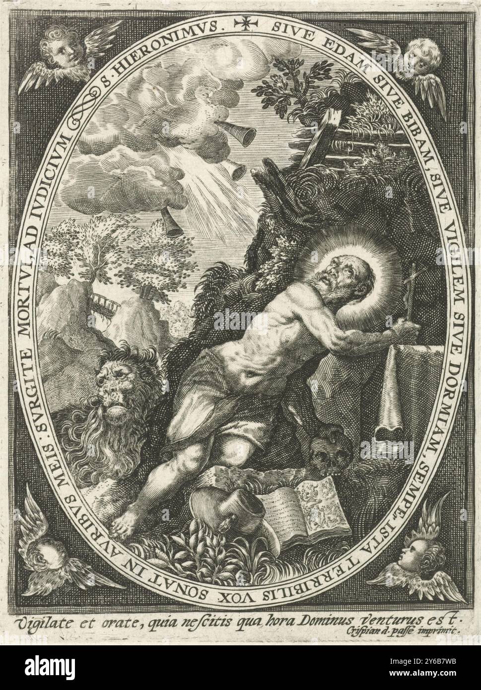 Saint Jérôme, Saint Jérôme agenouillé, appuyé sur un crâne, un crucifix dans sa main droite. Il lève les yeux au ciel et écoute les trompettes annonçant le jugement dernier. À côté de lui se trouvent le chapeau de son cardinal, un livre ouvert et le lion. La scène est placée dans un cadre ovale avec une inscription de bordure en latin. Quatre chérubins dans les coins. Une légende en latin dans la marge., estampe, imprimeur : Crispijn van de passe (I), éditeur : Crispijn van de passe (I), (mentionné sur l'objet), inconnu, 1574 - 1637, papier, gravure, hauteur, 144 mm × largeur, 108 mm Banque D'Images Saint Jérôme, Saint Jérôme agenouillé, appuyé sur un crâne, un crucifix dans sa main droite. Il lève les yeux au ciel et écoute les trompettes annonçant le jugement dernier. À côté de lui se trouvent le chapeau de son cardinal, un livre ouvert et le lion. La scène est placée dans un cadre ovale avec une inscription de bordure en latin. Quatre chérubins dans les coins. Une légende en latin dans la marge., estampe, imprimeur : Crispijn van de passe (I), éditeur : Crispijn van de passe (I), (mentionné sur l'objet), inconnu, 1574 - 1637, papier, gravure, hauteur, 144 mm × largeur, 108 mm Banque D'Images