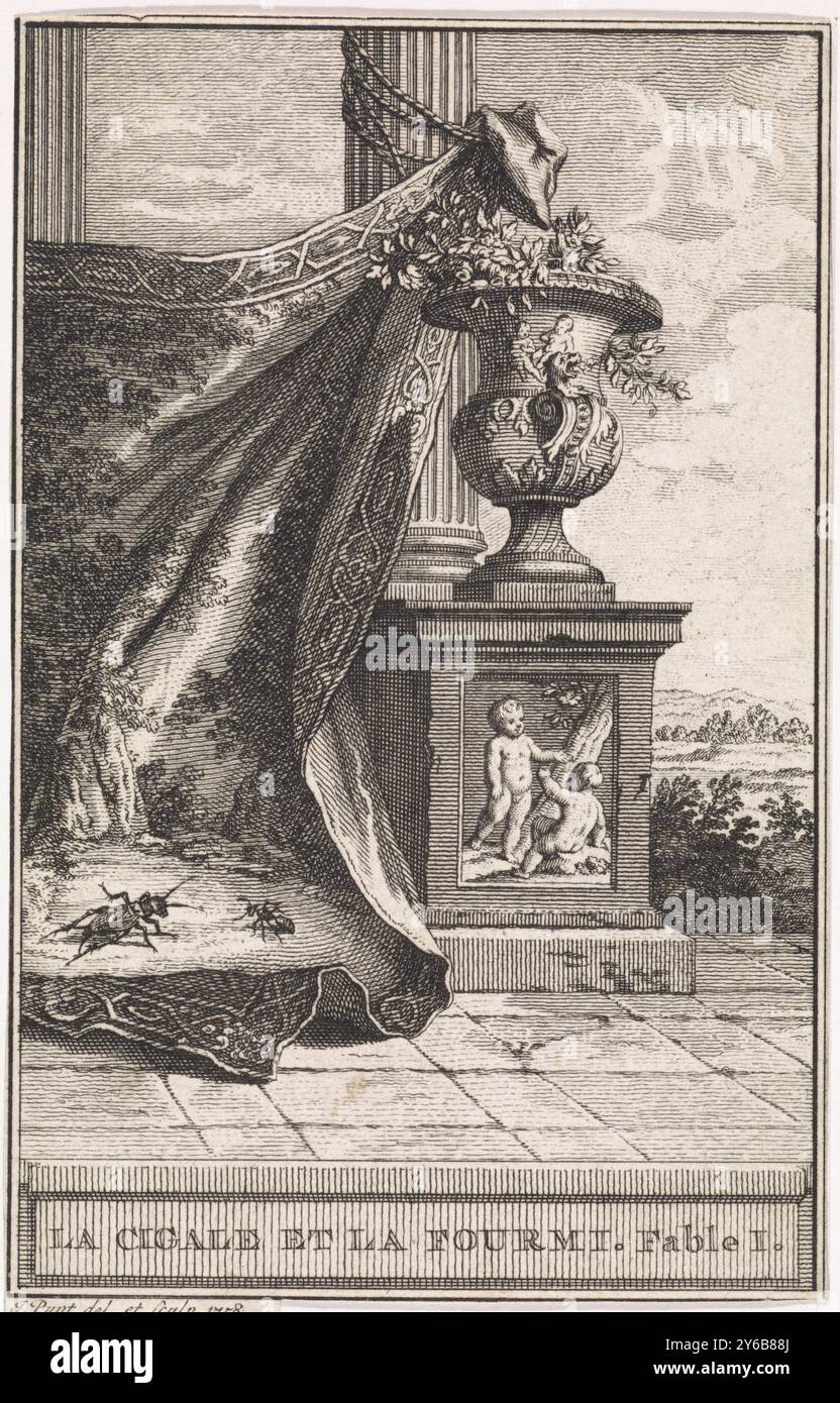 Cigale et fourmi sur un tapis, la cigale et la fourmi. Fable I. (titre sur objet), Un tissu est attaché à une colonne le long d'un vase classique. Il y a une cigale sur le coin, impression, imprimeur : Jan Punt, (mentionné sur l'objet), après dessin par : Jan Punt, (mentionné sur l'objet), Amsterdam, 1758, papier, gravure, gravure, hauteur, 131 mm × largeur, 85 mm Banque D'Images