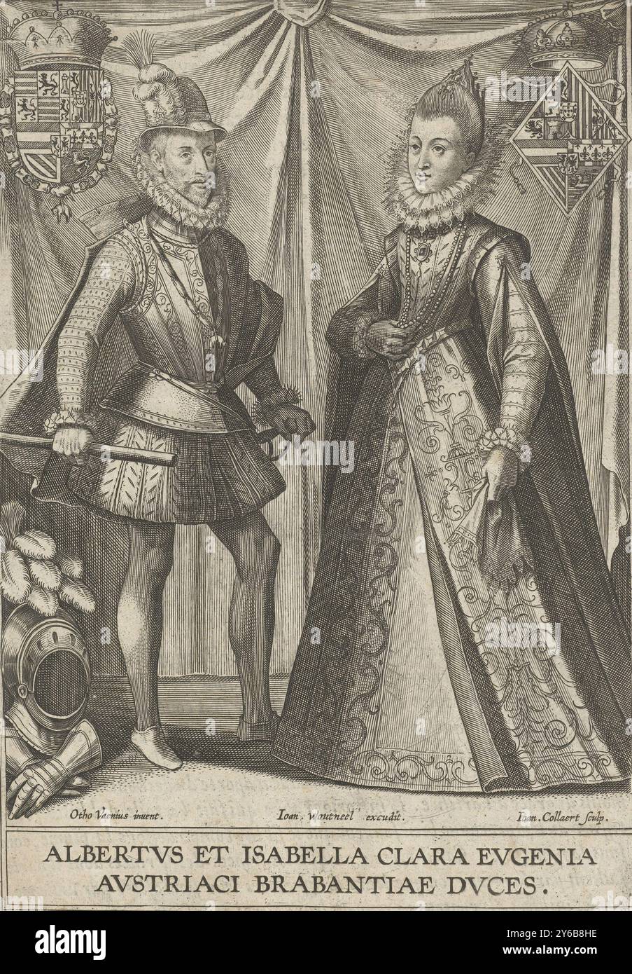 Portrait d'Albrecht et Isabelle d'Autriche, Albertvs et Isabella Clara Evgenia (titre sur objet), Portrait des archiducs Albrecht et Isabelle, gouverneurs des pays-Bas méridionaux. Sur la gauche se trouve Albert d'Autriche, un bâton à la main. À côté de lui se trouve son armure. Infante droite Isabella d'Espagne. Dans les coins supérieurs gauche et droit, leurs armoiries respectives., estampe, imprimeur : Jan Collaert (II), (mentionné sur l'objet), après conception par : Otto van Veen, (mentionné sur l'objet), éditeur : Hans Woutneel, (mentionné sur l'objet), Anvers, 1600, papier, gravure, hauteur, 205 mm × largeur, 143 mm Banque D'Images