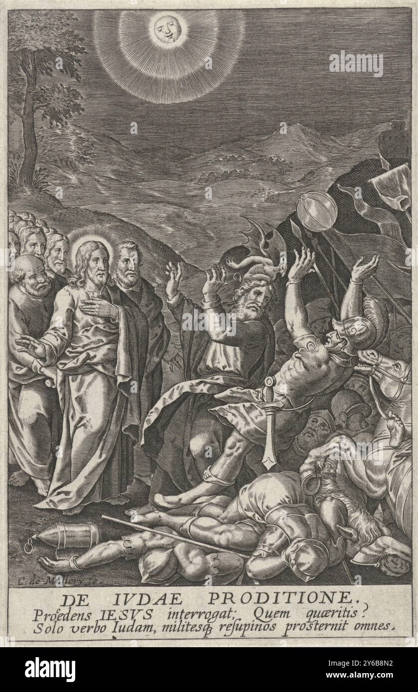Captivité du Christ, de Judae praditione (titre sur objet), Christ est capturé sur le Mont des oliviers après avoir été trahi par Judas. A gauche se trouve le Christ avec ses disciples derrière lui et à droite les soldats qui viennent le capturer tombent à terre. Représentation du verset de la Bible Jean 18:6. Ci-dessous la performance trois lignes en latin., impression, imprimeur : Karel van Mallery, (mentionné sur l'objet), Anvers, 1581 - c. 1645, papier, gravure, hauteur, 124 mm × largeur, 80 mm Banque D'Images