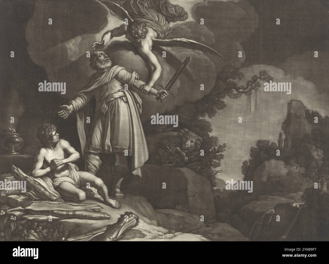 Sacrifice d'Abraham, Abraham est sur le point de sacrifier son fils Isaac comme Dieu lui a ordonné. Cependant, un ange arrête Abraham. Au lieu de son propre fils, Abraham sacrifie un bélier pris dans un buisson., imprimeur, imprimeur : Jan van Somer, après peinture par : Pieter Lastman, éditeur : Jan Wils (tekenaar), (mentionné sur l'objet), 1655 - 1700, papier, hauteur, 371 mm × largeur, 501 mm Banque D'Images