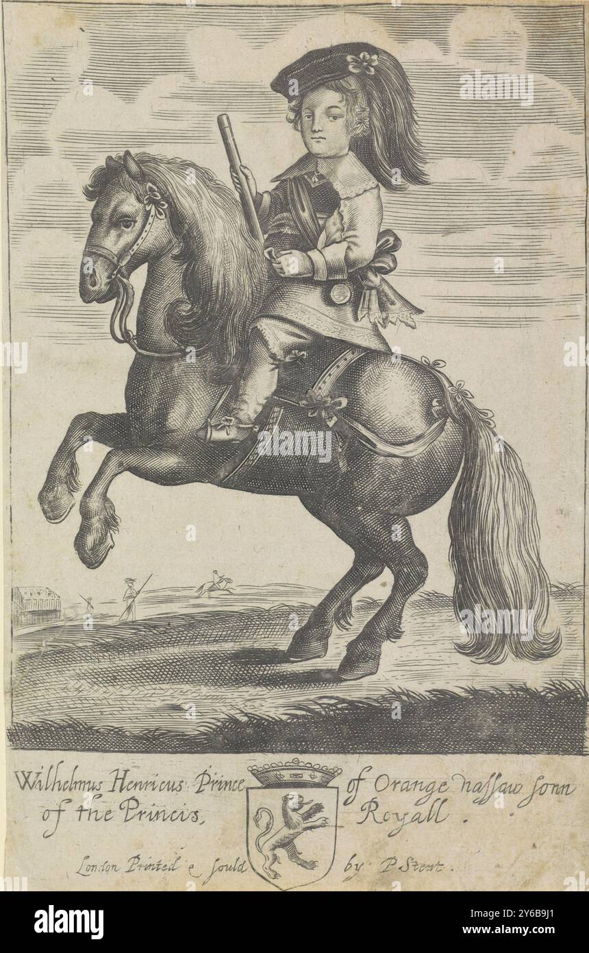 Portrait équestre de Guillaume III, Prince d'Orange, portrait équestre de Guillaume III dans la marge inférieure un blason avec une couronne et son nom et titres en anglais., impression, imprimeur : anonyme, après impression par : Pieter Jansz, imprimeur : Peter stent, (mentionné sur l'objet), imprimeur : Low Countries, imprimeur : Londres, éditeur : Londres, 1655, papier, gravure, gravure, hauteur, 208 mm × largeur, 135 mm Banque D'Images