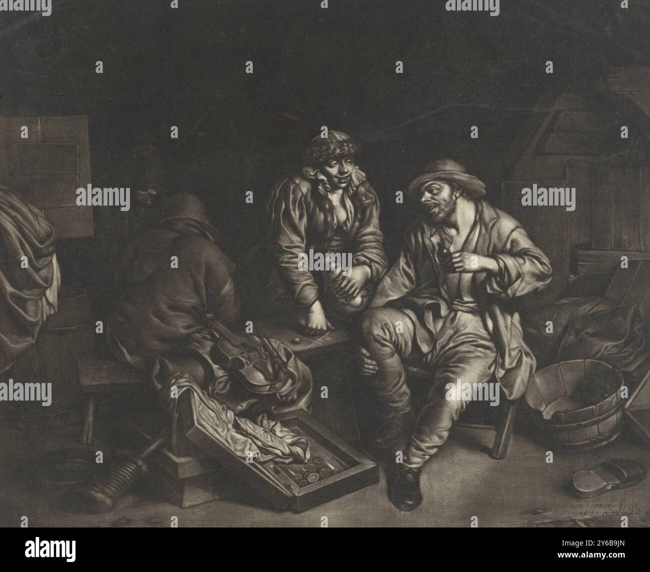 Hommes dans une auberge, certains hommes jouent et boivent autour d'une table dans une auberge. Une planche de triktrak sur le sol et un violon sur la table., estampe, imprimeur : Jan van Somer, (mentionné sur l'objet), après peinture par : Cornelis Pietersz. Bega, éditeur : Jan van Somer, (mentionné sur l'objet), Amsterdam, 1671, papier, hauteur, 276 mm × largeur, 335 mm Banque D'Images
