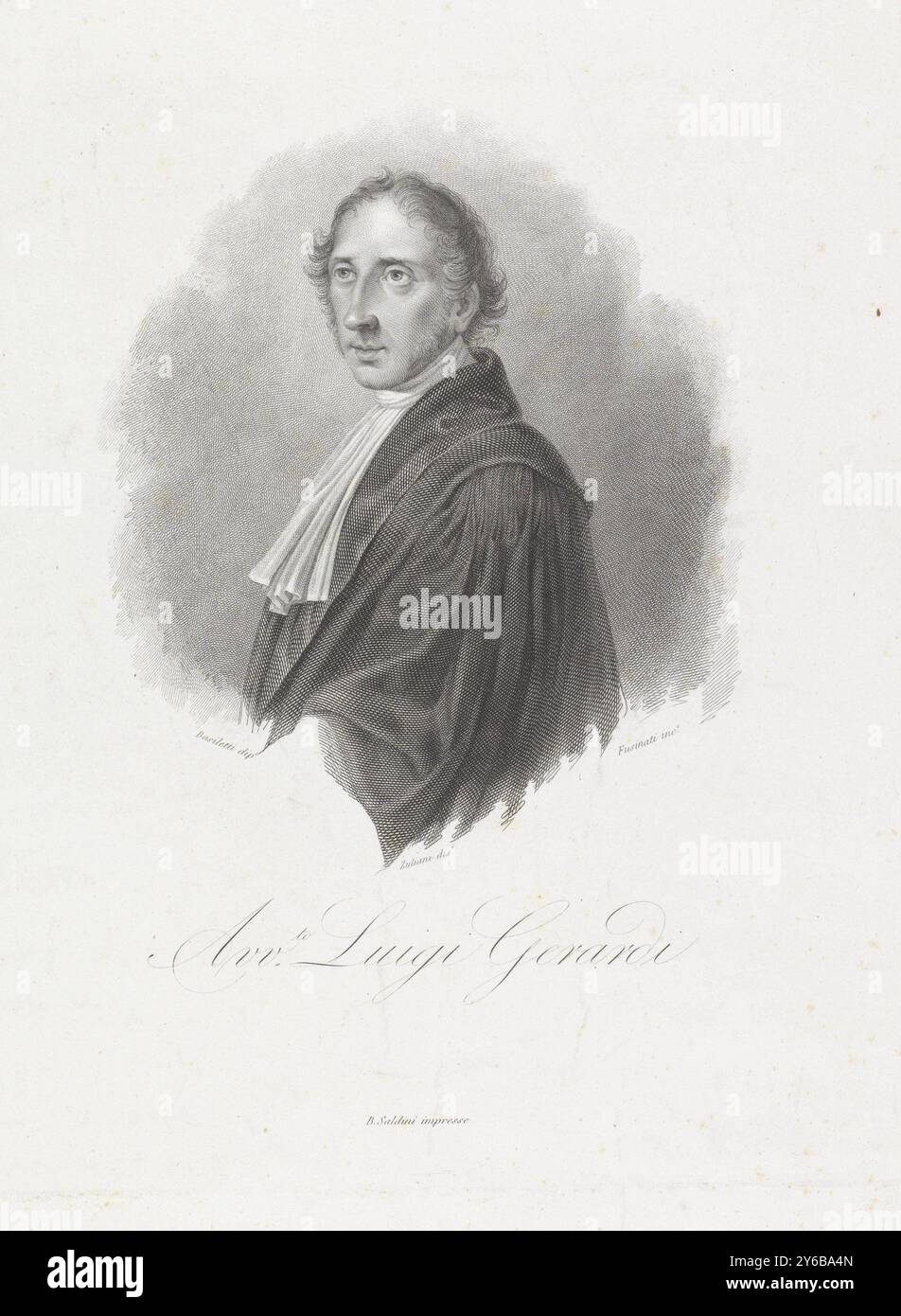 Portrait de Luigi Gerardi, gardien vêtu d'une robe d'avocat., estampe, imprimeur : Giuseppe Fusinati, (mentionné sur l'objet), après dessin par : Zuliani, (mentionné sur l'objet), après peinture par : Luigi Basiletti, (mentionné sur l'objet), imprimeur : Italie, après dessin par : Italie, après peinture par : Brescia, imprimeur : Italie, 1813 - 1883, papier, gravure, hauteur, 300 mm × largeur, 233 mm Banque D'Images