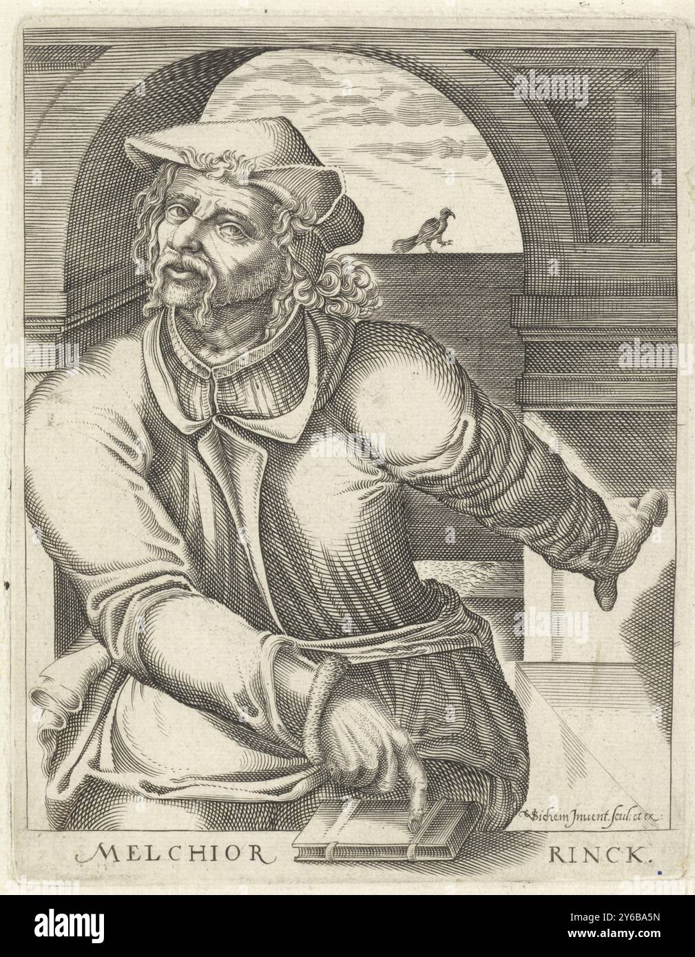 Portrait de Melchior Rinck, Melchior Rinck (titre sur objet), Portrait du théologien et humaniste Melchior Rinck. Il montre un livre devant lui. Derrière lui se trouve une fenêtre dans laquelle un oiseau marche., estampe, imprimeur : Christoffel van SiChem (I), (mentionné sur l'objet), après conception par : Christoffel van SiChem (I), (mentionné sur l'objet), éditeur : Christoffel van SiChem (I), (mentionné sur l'objet), Middelburg, 1677, papier, gravure, hauteur, 160 mm × largeur, 125 mm Banque D'Images