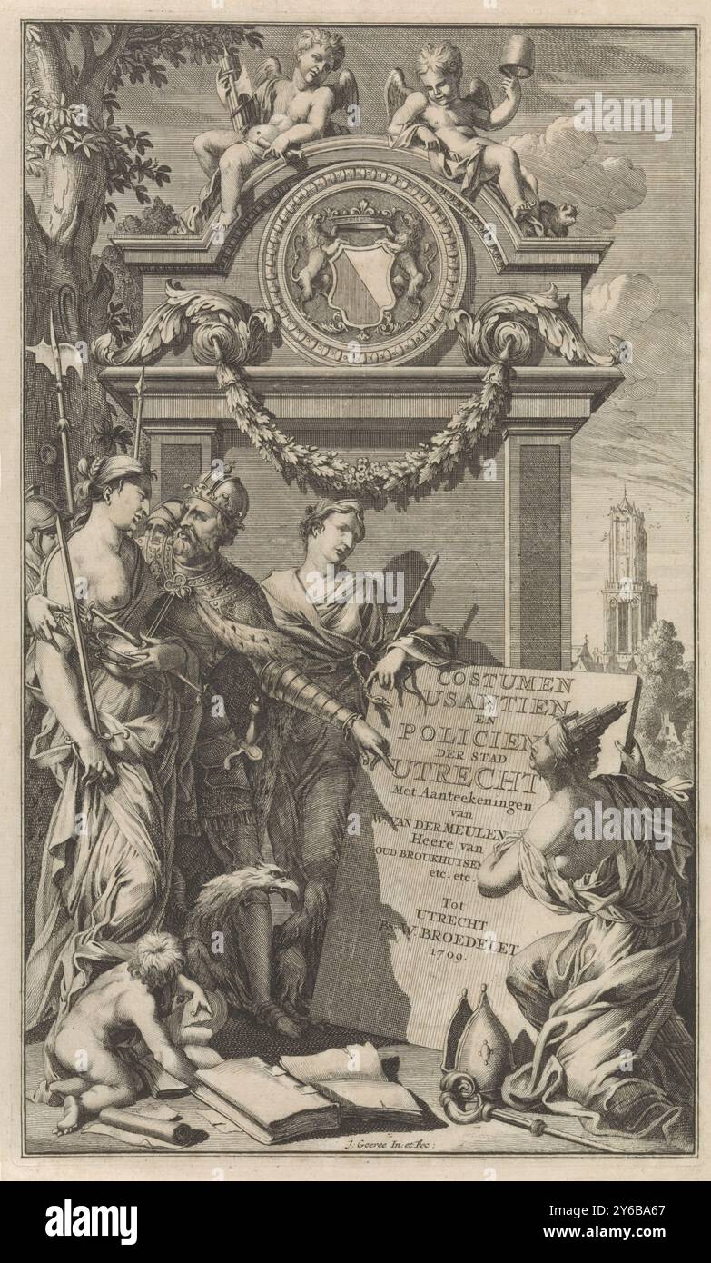 Justice Teaches the Laws of Utrecht, page de titre pour W. Van der Meulen, Costumen, Usantien en Policien der stad Utrecht, 1709, Costumen Usantien en Policien der stad Utrecht (titre sur objet), l'empereur allemand montre à la personnification Justice un signe avec le titre du livre. A côté du panneau la ville vierge Utrecht et la personnification attention. En arrière-plan la cathédrale d'Utrecht, estampe, imprimeur : Jan Goeree, (mentionné sur l'objet), après conception par : Jan Goeree, (mentionné sur l'objet), éditeur : Willem Broedelet, (mentionné sur l'objet), imprimeur : Amsterdam, Editeur : Utrecht, 17 Banque D'Images