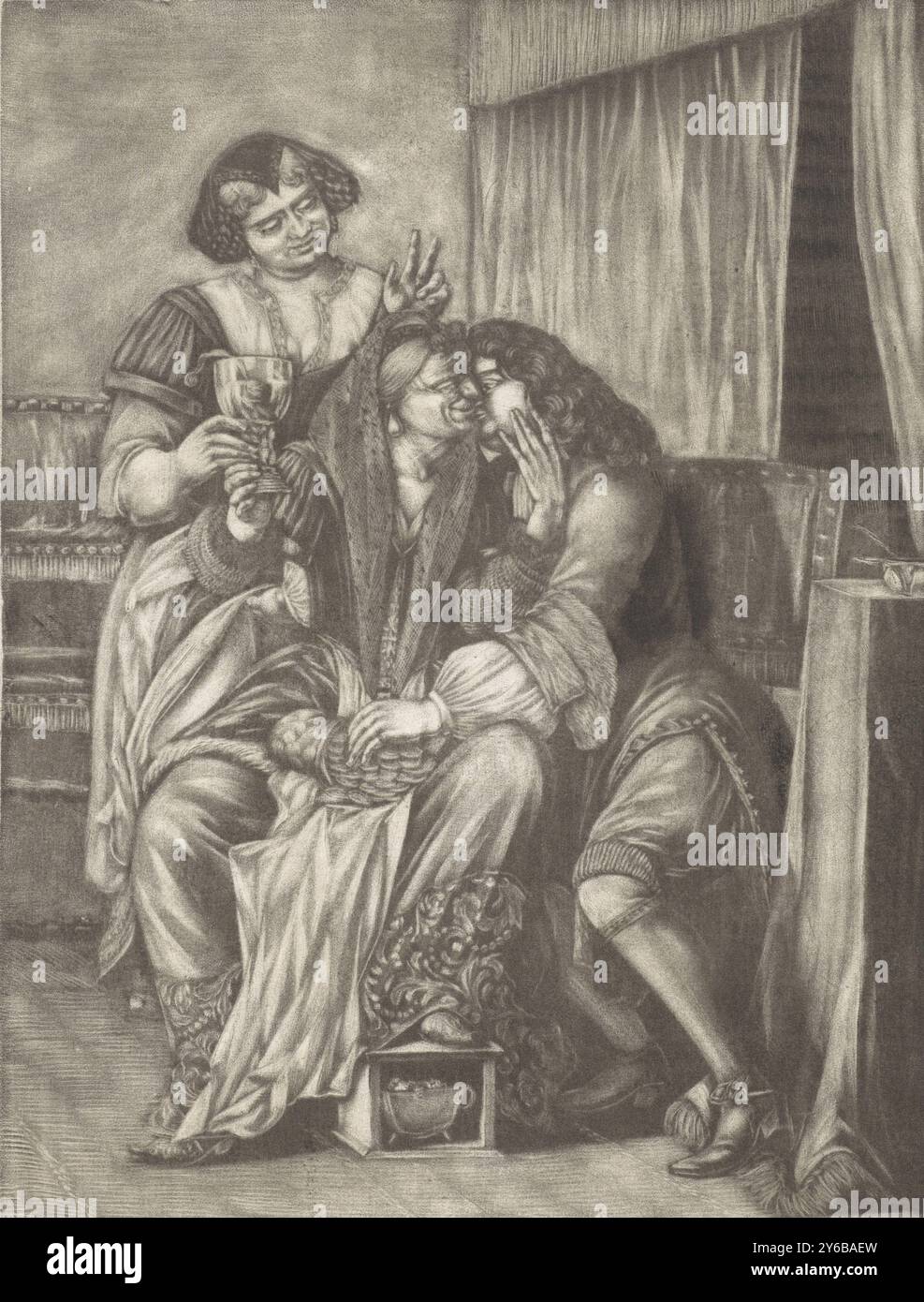 Vieille femme et jeune homme, Un jeune homme embrasse une vieille femme et saisit simultanément l'argent de ses genoux. La vieille femme a un verre à la main et repose son pied sur un tabouret. Derrière le couple se tient une femme qui se moque des deux en levant deux doigts, comme des oreilles de chien, derrière la tête de la vieille femme., impression, imprimeur : anonyme, 1650 - 1800, papier, hauteur, 243 mm × largeur, 184 mm Banque D'Images