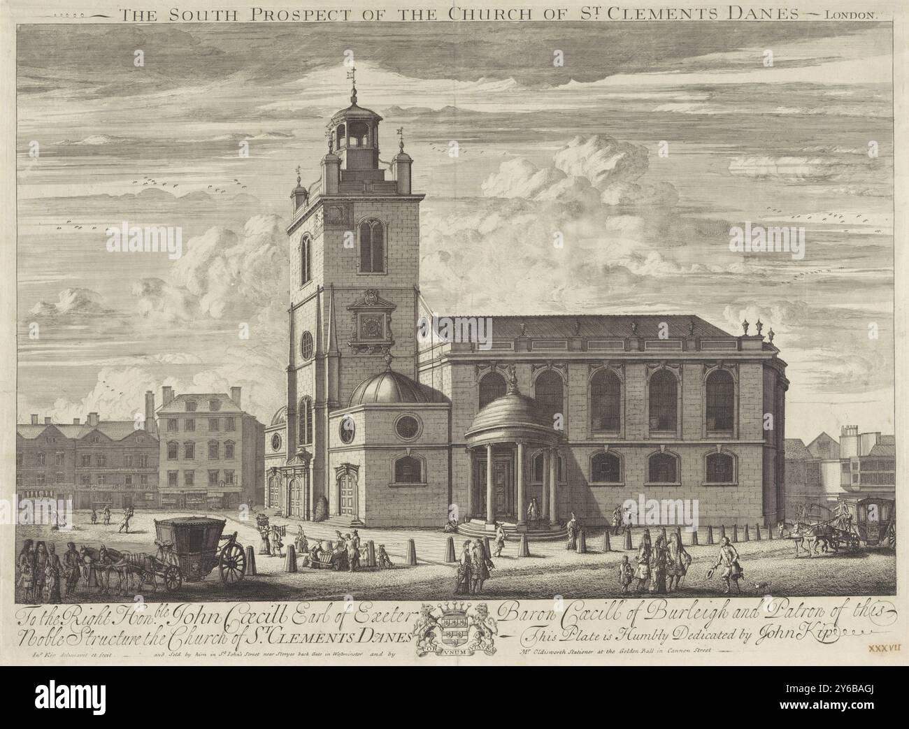 Clément Danes in London, The South Prospect of the Church of Clement Danes - London (titre sur l'objet), View of the Clement Danes in London, with people from Various Backgrounds in the first ground., print, print Maker : Johannes Kip, (mentionné sur l'objet), éditeur : Oldisworth, (mentionné sur l'objet), after dessin by : Johannes Kip, (mentionné sur l'objet), Londres, 1682 - 1722, paper, Paper, gravure, hauteur, 434 mm × largeur, 600 mm Banque D'Images