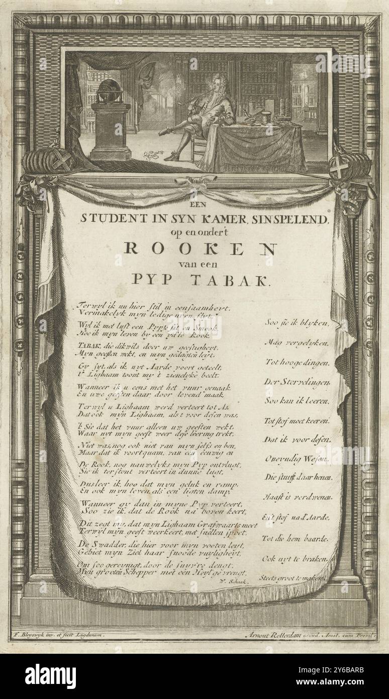 L'étudiant fume une pipe et philosophe dans sa salle d'étude dans un cadre avec des vers, Un étudiant dans sa chambre répond et observe fumer une pipe de tabac (titre sur l'objet), Un étudiant fume une pipe dans son étude et philosophe sur le tabac et le plaisir que cela apporte. Ses pensées sont exprimées dans un verset de W. Schaak., imprimeur, imprimeur : François van Bleyswijck, (mentionné sur l'objet), d'après son propre design par : François van Bleyswijck, (mentionné sur l'objet), éditeur : Arnout Rotterdam, (mentionné sur l'objet), imprimeur : Leiden, Editeur : Amsterdam, 1681 - 1746, papier, gravure, h Banque D'Images