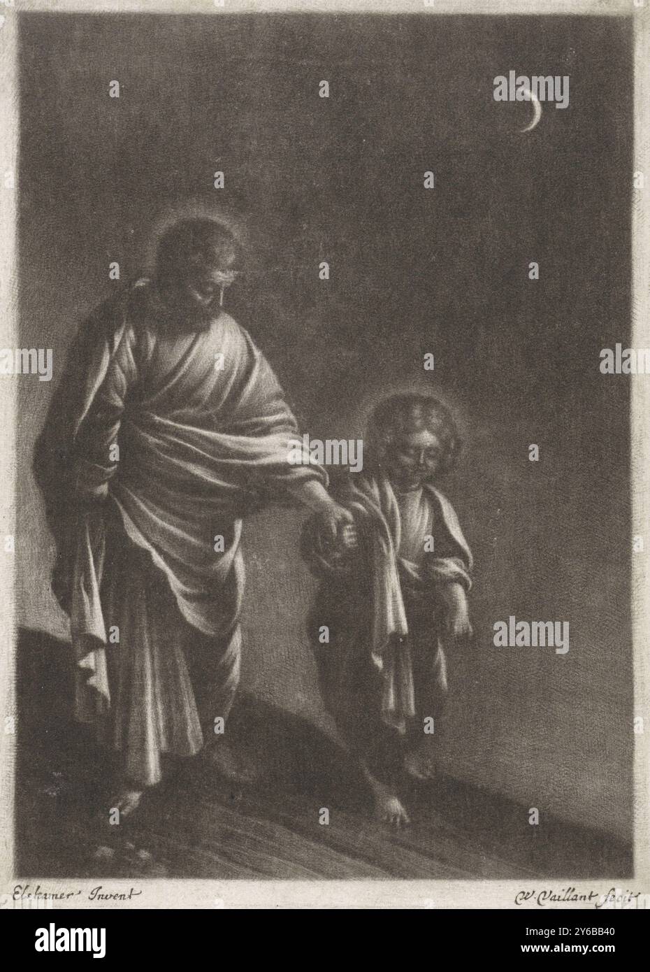 Saint Joseph avec le Christ enfant, Joseph et le Christ enfant marchent sur une route au clair de lune., impression, imprimeur : Wallerant Vaillant, (mentionné sur l'objet), après peinture par : Adam Elsheimer, (mentionné sur l'objet), 1658 - 1677, papier, hauteur, 135 mm × largeur, 97 mm Banque D'Images