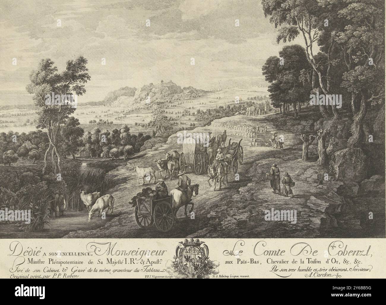 Paysage avec une route de campagne très fréquentée, paysage avec une route très fréquentée avec plusieurs chariots de fermier. Un peu plus loin, un berger marche avec son troupeau sur la route de la ville. Les piétons marchent sur le bord de la route. Les vaches boivent à un ruisseau à gauche., estampe, imprimeur : Antoine Alexandre Joseph Cardon, (mentionné sur l'objet), après peinture par : Peter Paul Rubens, (mentionné sur l'objet), P.P.J. vigoureux, (mentionné sur l'objet), Bruxelles, c. 1759 - c. 1770, papier, gravure, hauteur, 305 mm × largeur, 420 mm Banque D'Images Paysage avec une route de campagne très fréquentée, paysage avec une route très fréquentée avec plusieurs chariots de fermier. Un peu plus loin, un berger marche avec son troupeau sur la route de la ville. Les piétons marchent sur le bord de la route. Les vaches boivent à un ruisseau à gauche., estampe, imprimeur : Antoine Alexandre Joseph Cardon, (mentionné sur l'objet), après peinture par : Peter Paul Rubens, (mentionné sur l'objet), P.P.J. vigoureux, (mentionné sur l'objet), Bruxelles, c. 1759 - c. 1770, papier, gravure, hauteur, 305 mm × largeur, 420 mm Banque D'Images