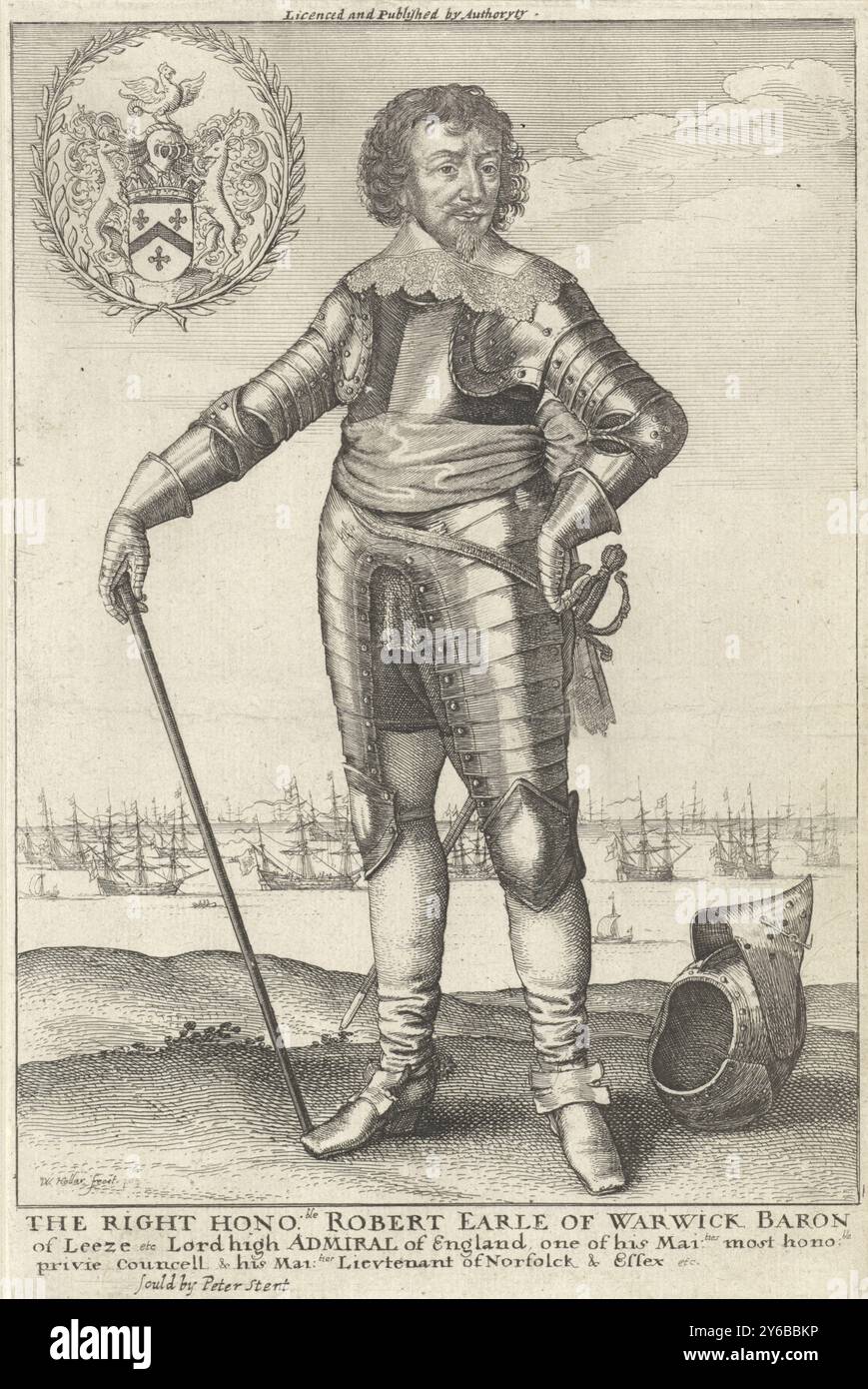 Portrait de Robert Rich, comte de Warwick, Portrait de l'officier de marine Robert Rich, comte de Warwick., imprimeur : Wenceslaus Hollar, (mentionné sur l'objet), éditeur : Peter stent, (mentionné sur l'objet), Karel I (koning van Engeland), (mentionné sur l'objet), Londres, 1642 et, ou 1646 - 1667, papier, gravure, hauteur, 230 mm × largeur, 154 mm Banque D'Images