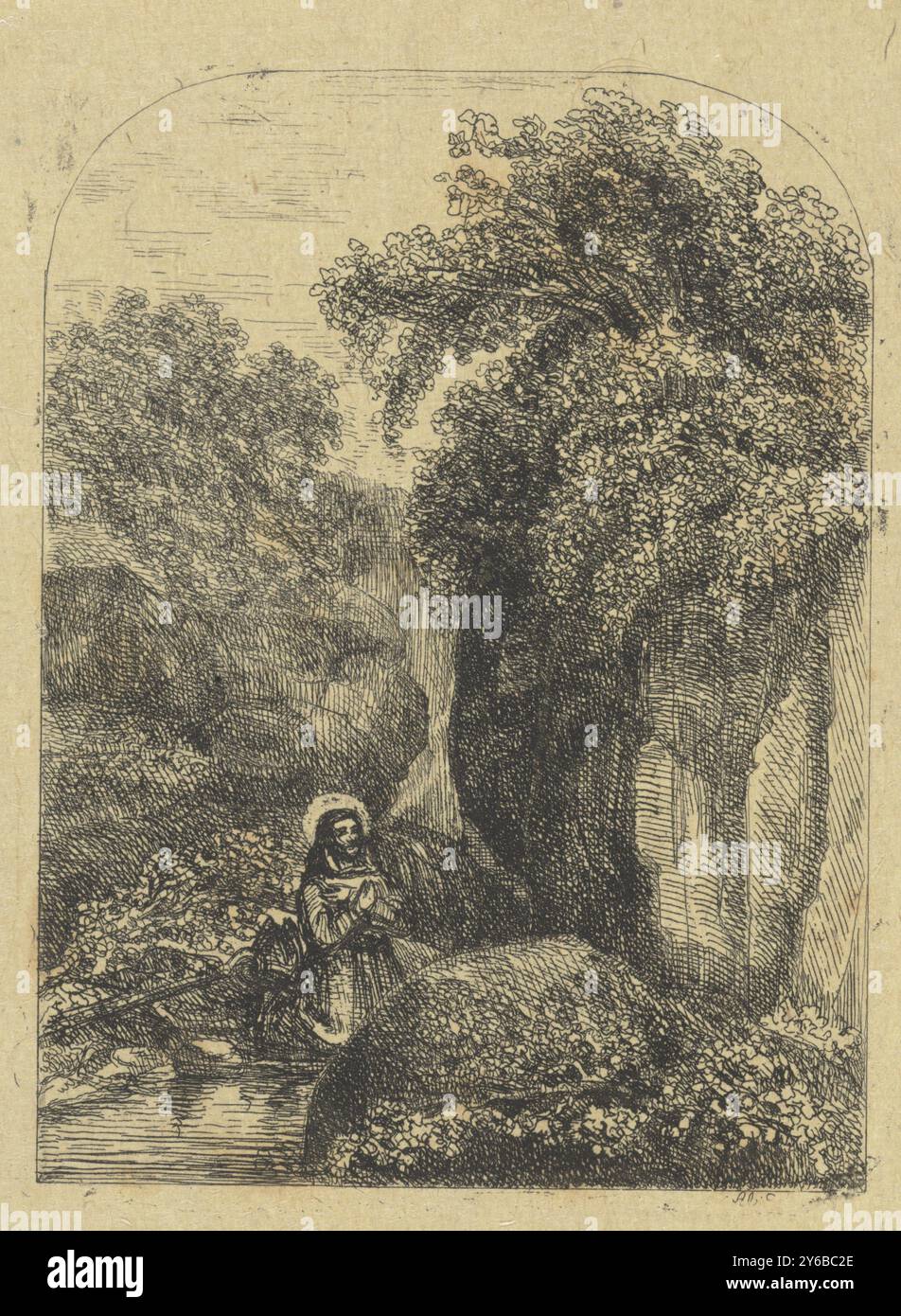 Tirage de prière à la mémoire de Joannes Arnoldus Schaepkens, le père de l'artiste, H. Arnoldus dans la prière, tirage, graveur : Alexander Schaepkens, (mentionné sur l'objet), 1849, papier, gravure, hauteur, 137 mm × largeur, 102 mm Banque D'Images