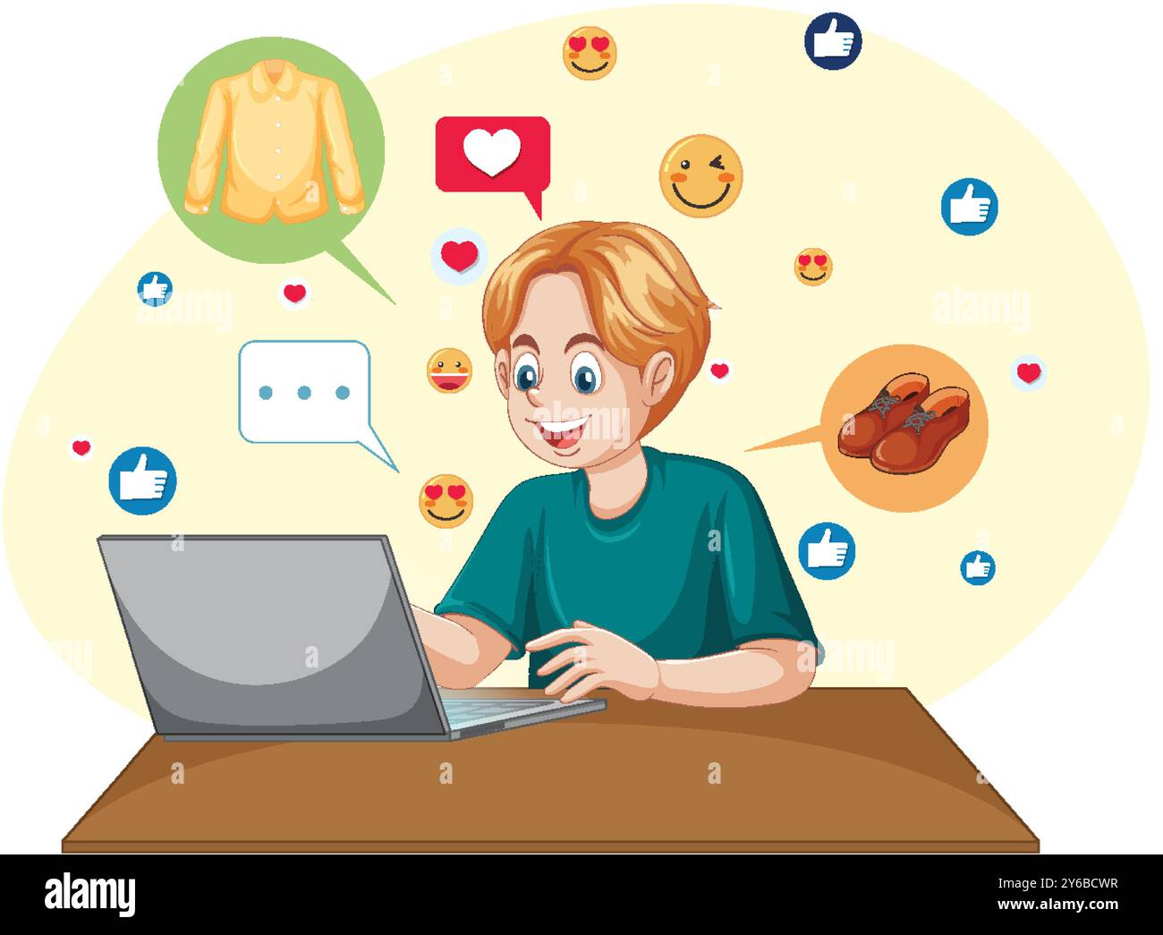 Personne magasinant en ligne avec des réactions sur les médias sociaux Illustration de Vecteur