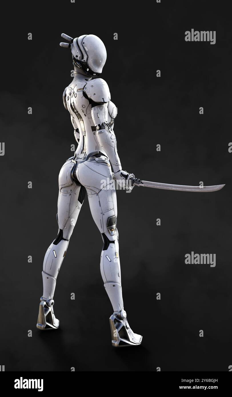 Illustration 3d d'Une pose de ninja cyborg femme avec katana sur fond blanc. Banque D'Images