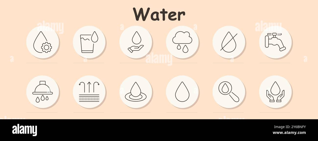 Icône de réglage de l'eau. Goutte d'eau, verre, main tenant goutte, pluie de nuage, aucun symbole d'eau, robinet, filtration, recherche, mains, conservation, ressource liquide, Illustration de Vecteur