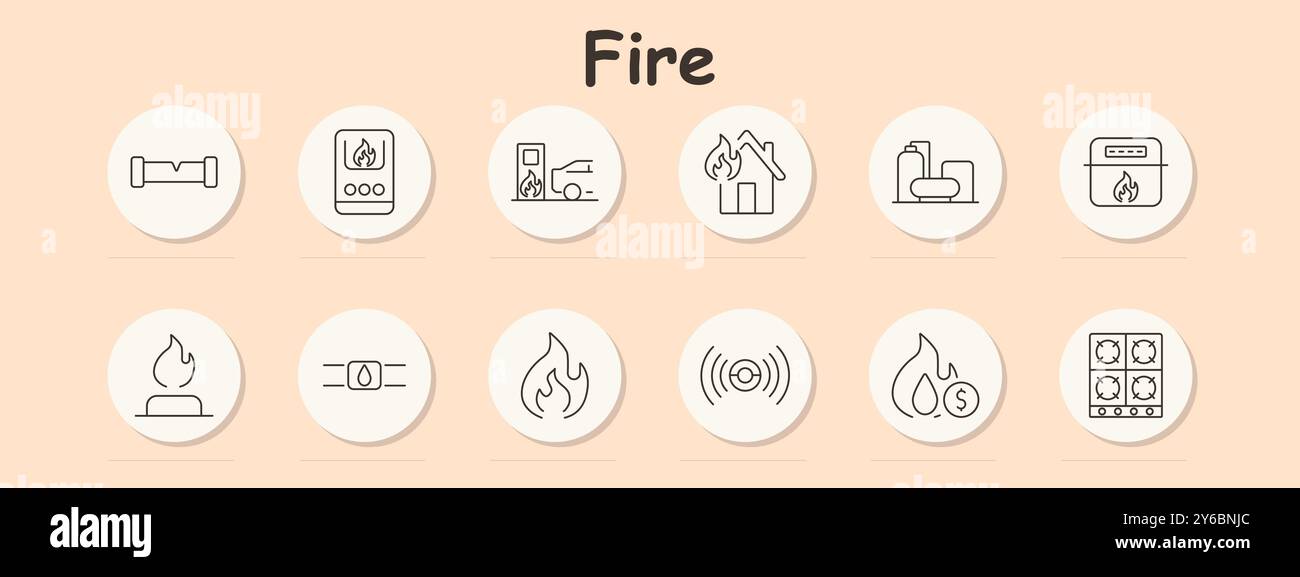 Icône de set de tir. Pompe à essence, maison avec des flammes, réservoirs de propane, poêle, alarme incendie, gazoduc, risque d'incendie, protection, stockage de carburant, alarme de gaz, energ Illustration de Vecteur