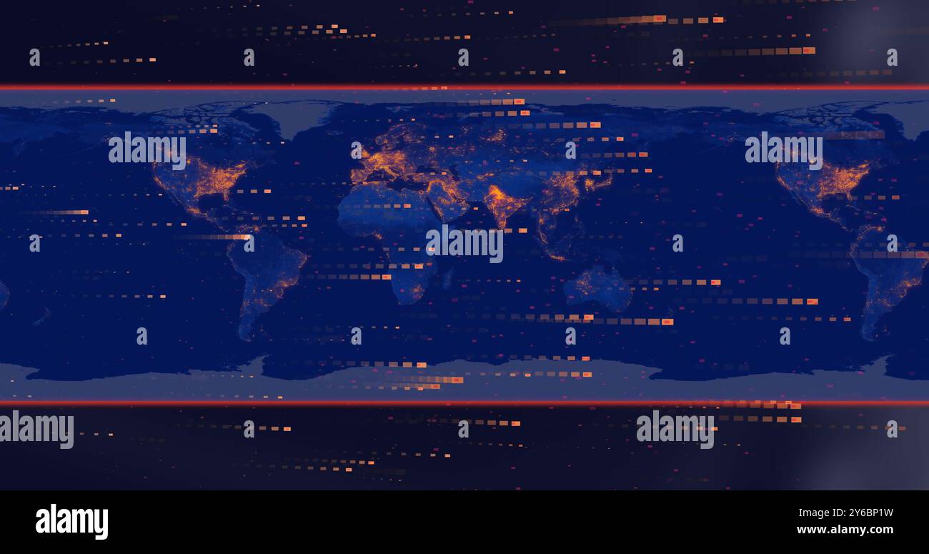 Image du traitement des traces de données orange sur une carte bleue du monde et des bordures noires Banque D'Images