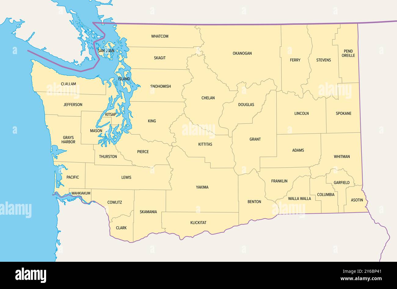 Washington, état américain, subdivisé en 39 comtés, carte politique avec les frontières et les noms de comté. Banque D'Images