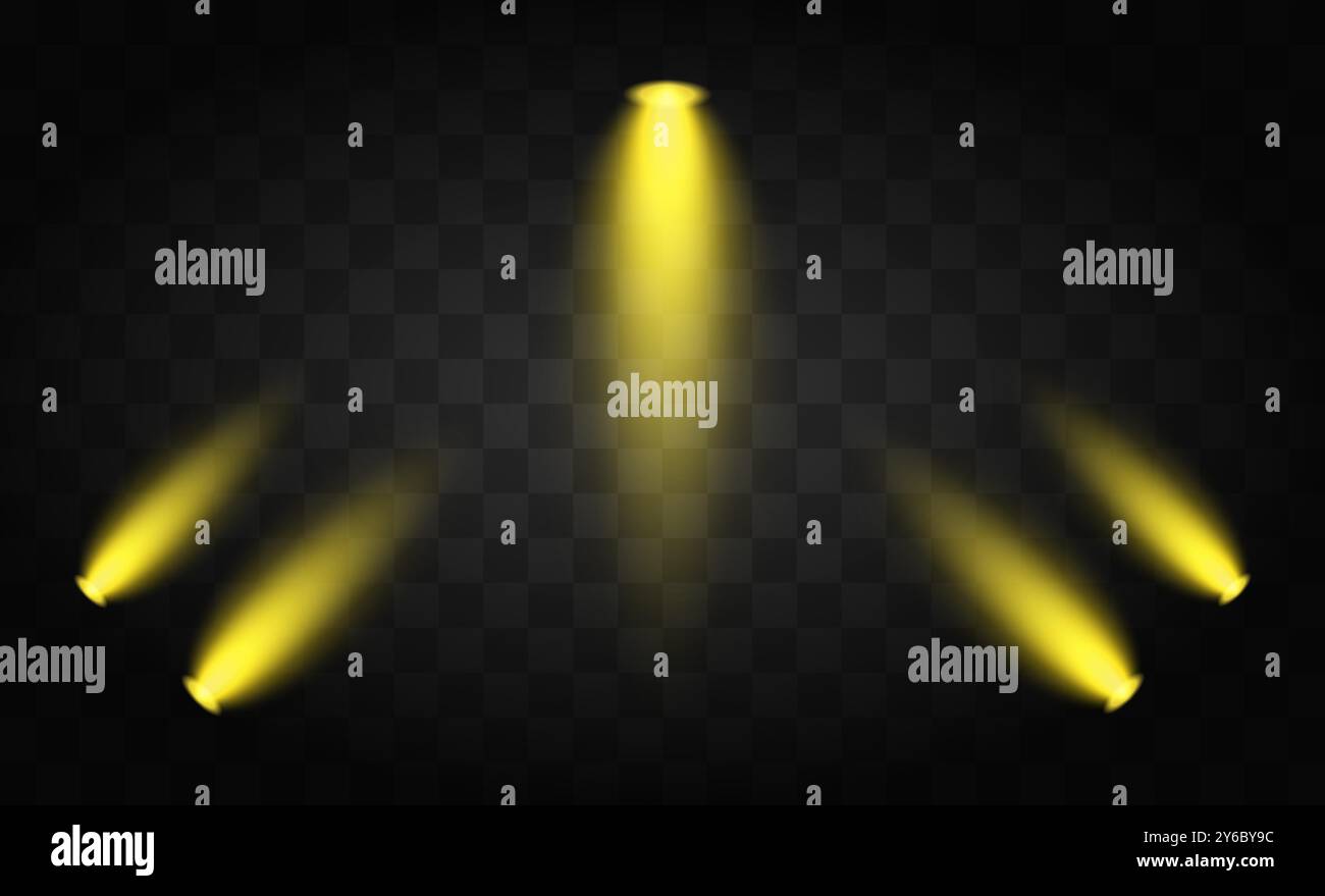 Trois faisceaux de projecteurs doux jaunes sur un fond transparent. Des lumières chaudes et lumineuses parfaites pour la scène, le théâtre ou les concepts de conception de spot à la pression Illustration de Vecteur