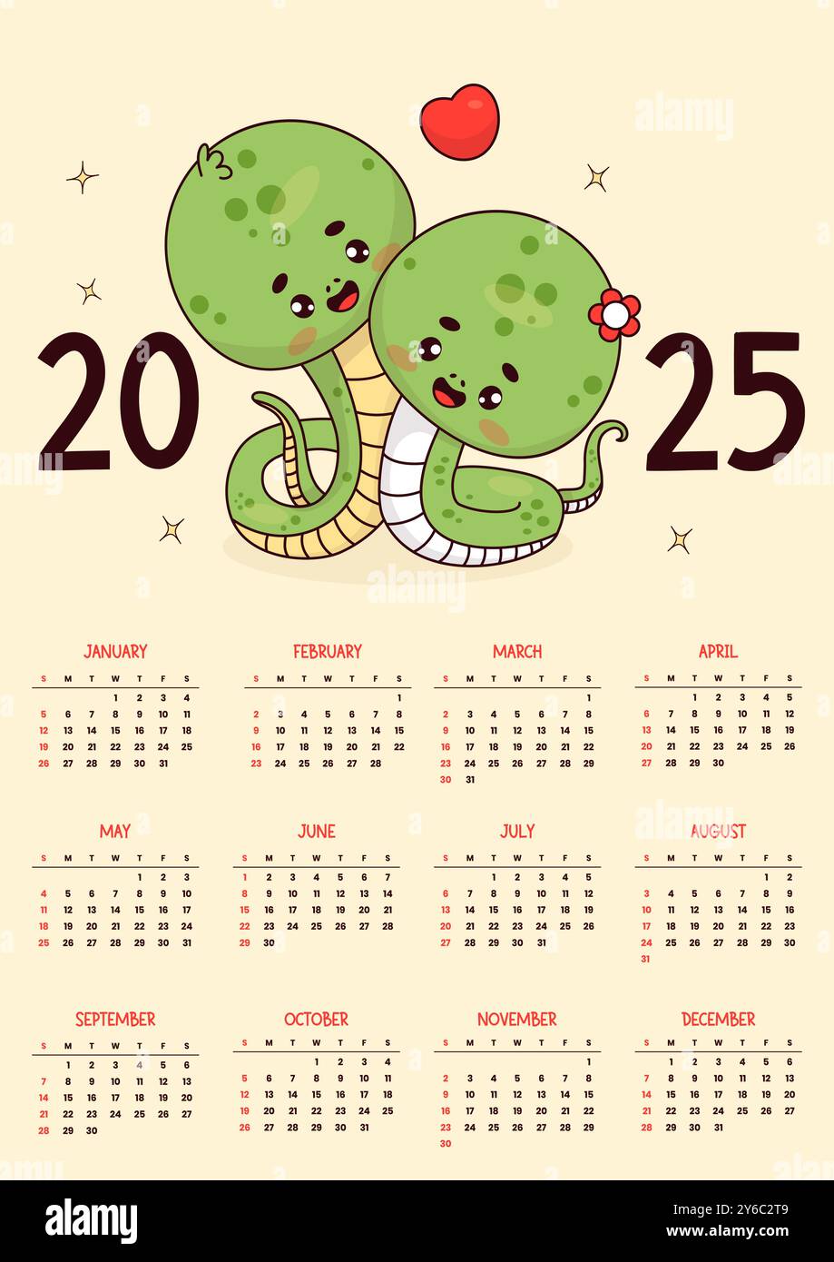 calendrier annuel 2025. Couple serpents mignons avec coeur. Personnage kawaii drôle. Modèle vertical vectoriel 12 mois en anglais. La semaine commence dimanche. 2025 ans Illustration de Vecteur