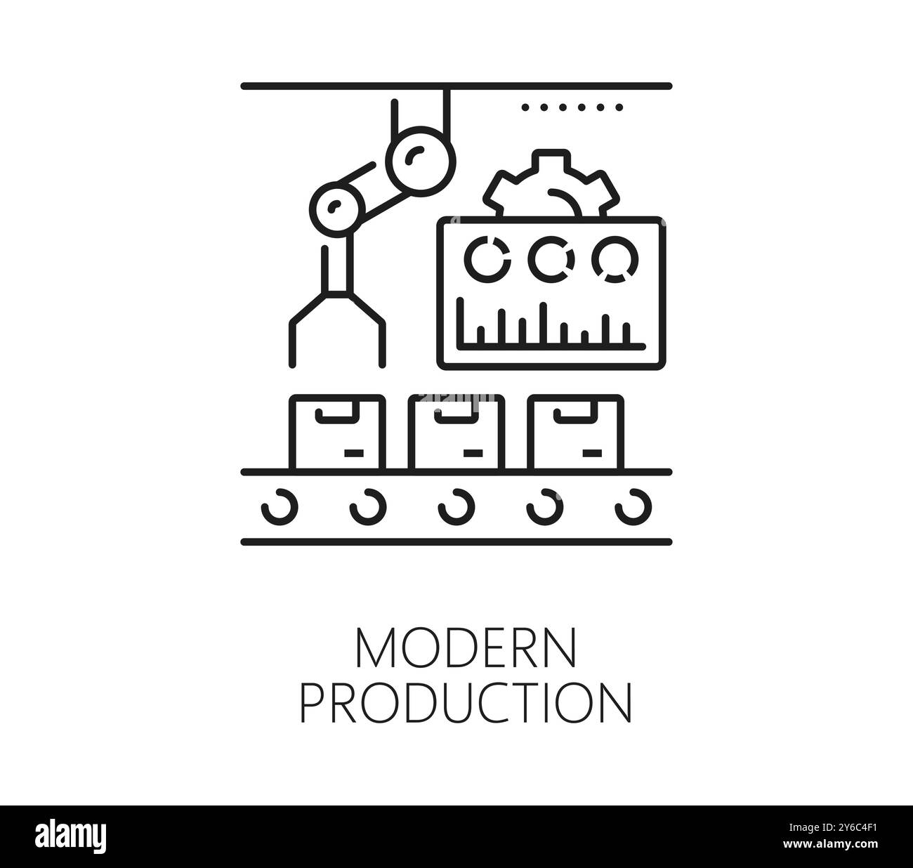 Fabrication moderne, icône de contour de production automatique et manuelle. Ligne de production d'usine, icône de vecteur de contour d'équipement automatique de chaîne d'approvisionnement d'entrepôt avec des boîtes de chargement de main robotisées sur le convoyeur Illustration de Vecteur