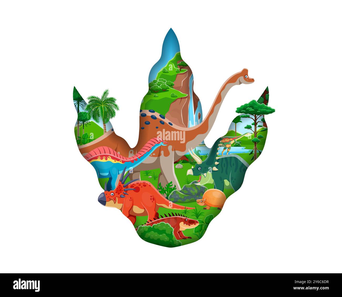 Empreinte de dinosaure coupé en papier avec des personnages drôles de dinosaure. Cadre vectoriel 3d isolé en forme de patte de dinosaure avec des talons remplis d'animaux préhistoriques à l'ancien paysage jurassique avec des plantes de la jungle Illustration de Vecteur