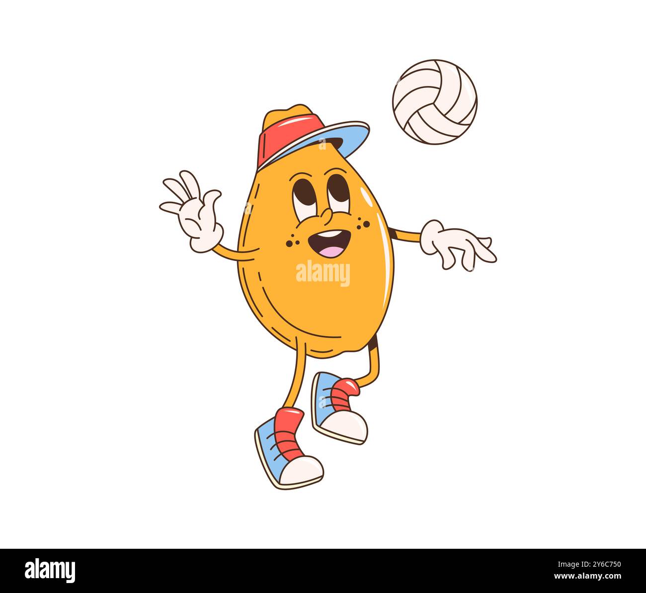 Personnage de fruit de papaye groovy de dessin animé rétro avec une expression heureuse, portant un chapeau et des baskets, et jouant au volley-ball. La papaye orange vectorielle isolée dégage une ambiance estivale amusante, sportive et nostalgique Illustration de Vecteur